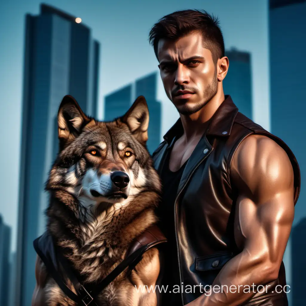 A brutal man in a leather vest, with not very muscular arms, with brown hair hugged a brown wolf with brown eyes, they are depicted in close-up. They are on the background of skyscrapers in the evening and look at me