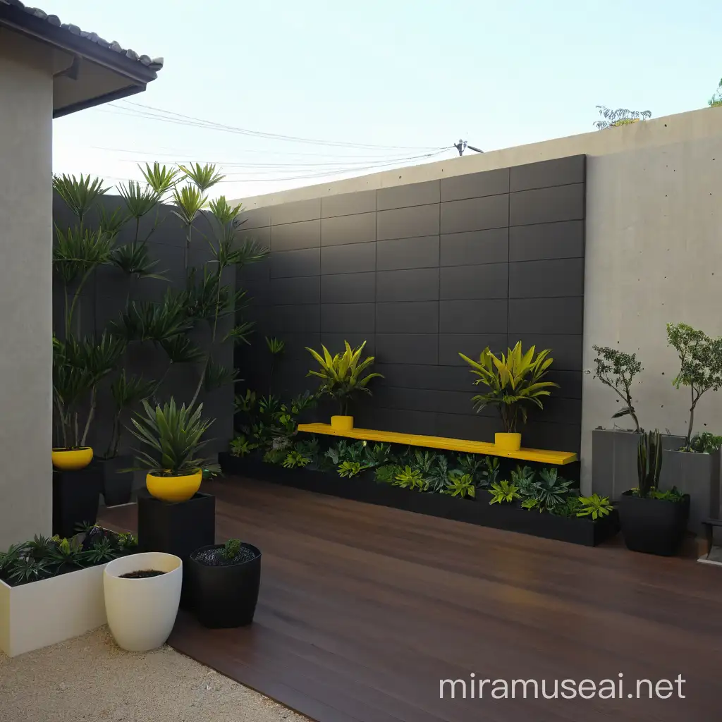 Imagine/ vertical strips from ground to floor on both sides of wall,planted rectangular and squared pots in front of wall,yellow bench in front of wall, make lines on wall more harmonious,more enchanting look you can make