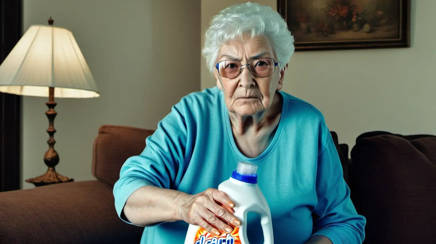 Elderly Woman Creating DIY Cleaning Solutions in Cozy Living Room