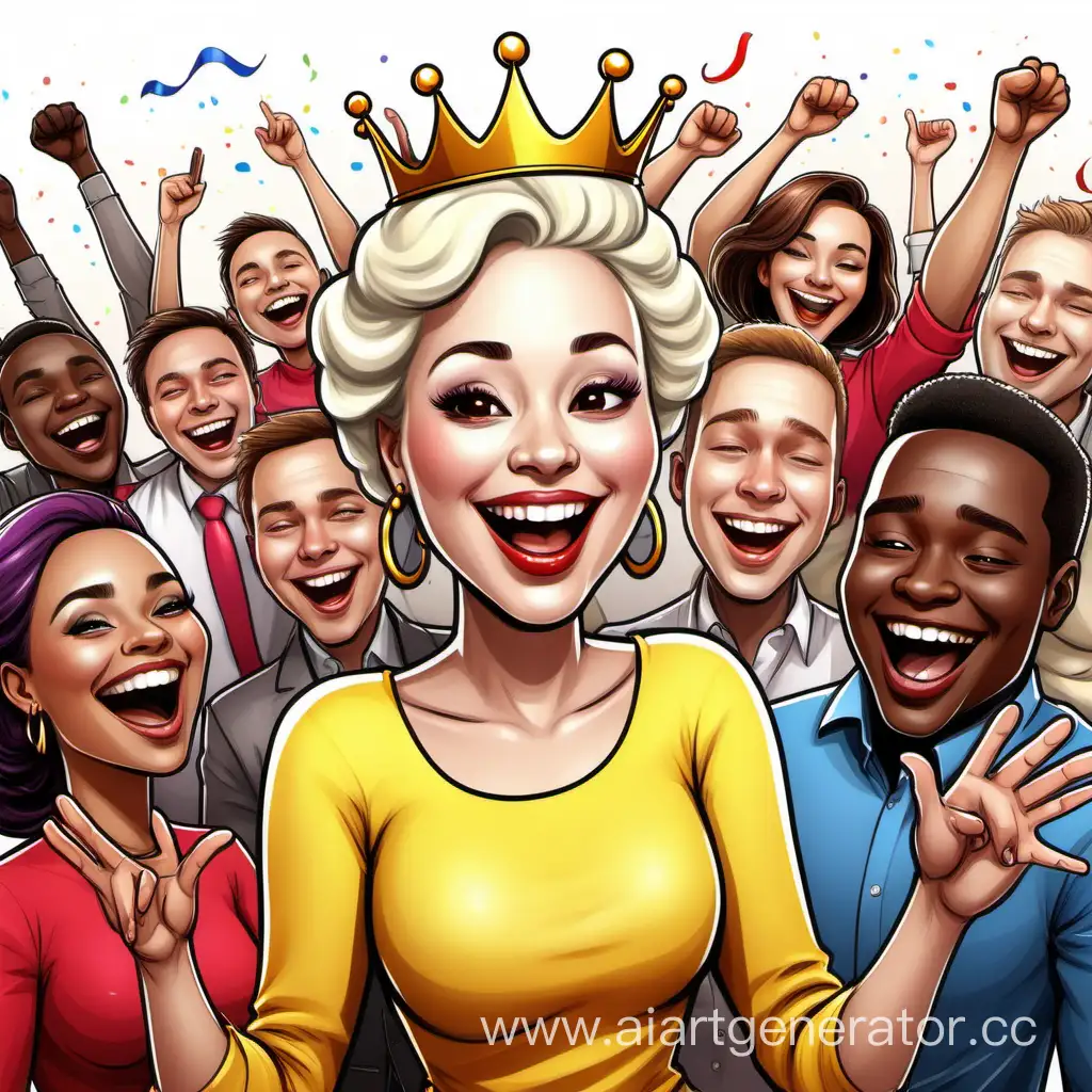 Generate a cartoon titled Jubilee, for an event host website. The picture should show people's emotions and celebration. People should be light-skinned, possibly in some competition, bright and happy. Everything should be realistic