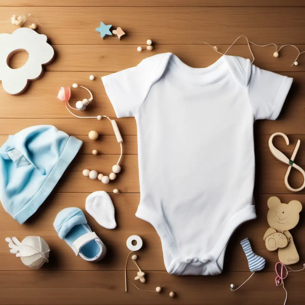 Baby Onesie and Accessories on Wooden Table