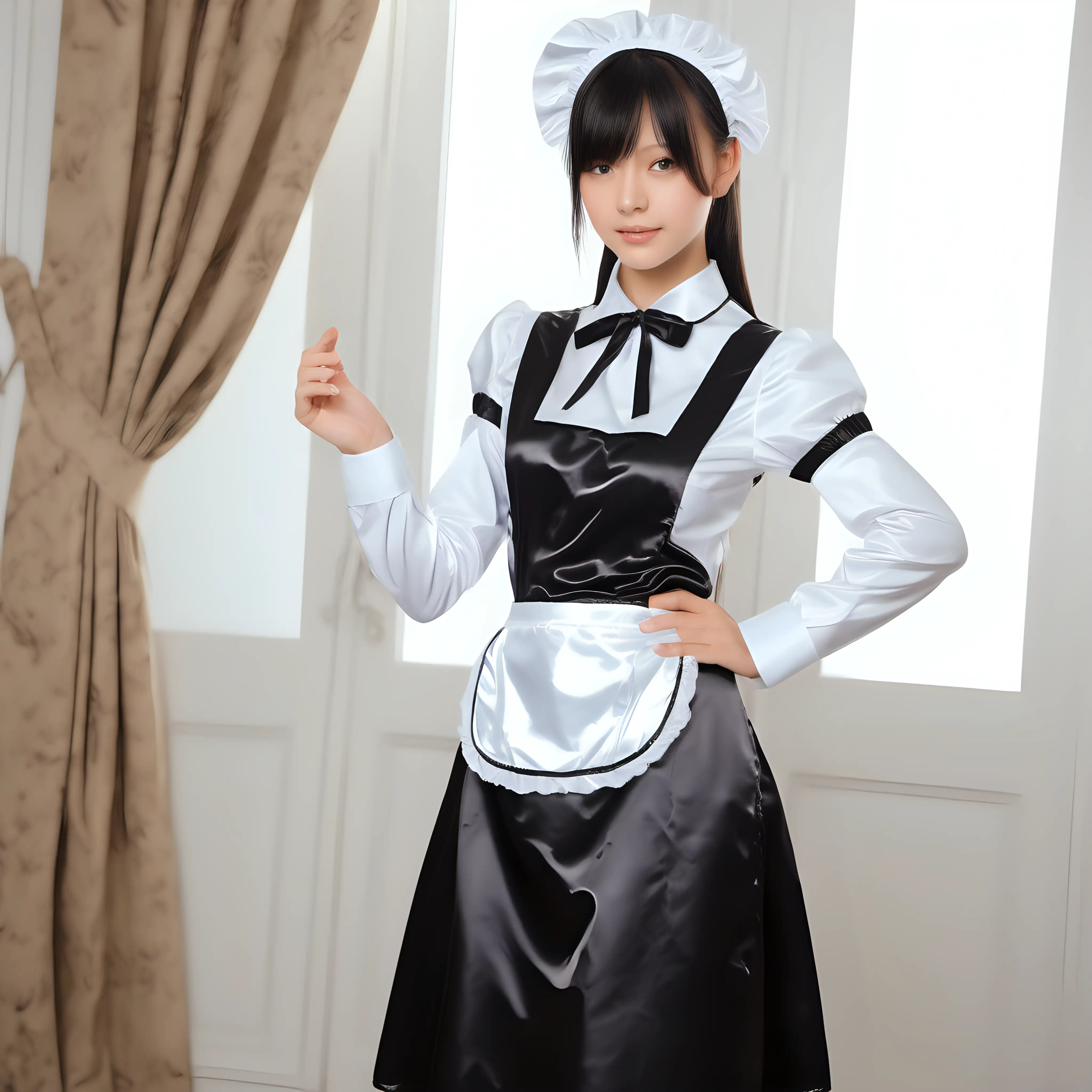 Elegant Maid in Satin Graceful Lady Wearing Long Satin Maid Uniform