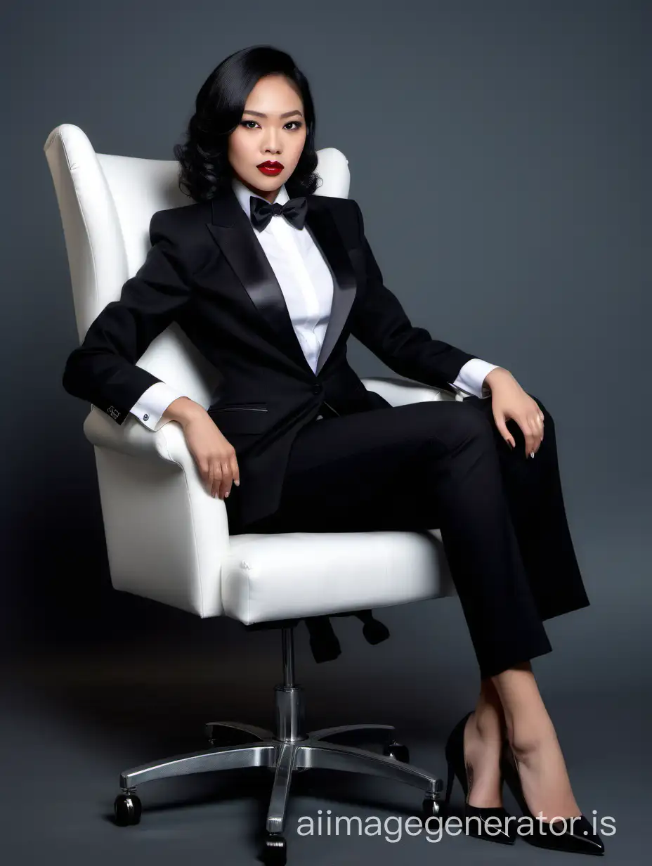 A sophisticated and confident Indonesian woman with shoulder length hair and lipstick is seated in a plush office chair. She is leaning forward. She is wearing a black tuxedo with a black jacket. Her shirt is white with double French cuffs and a wing collar. Her bowtie is black. Her cufflinks are silver. She is wearing black pants. She is wearing shiny black high heels. She is stern.
