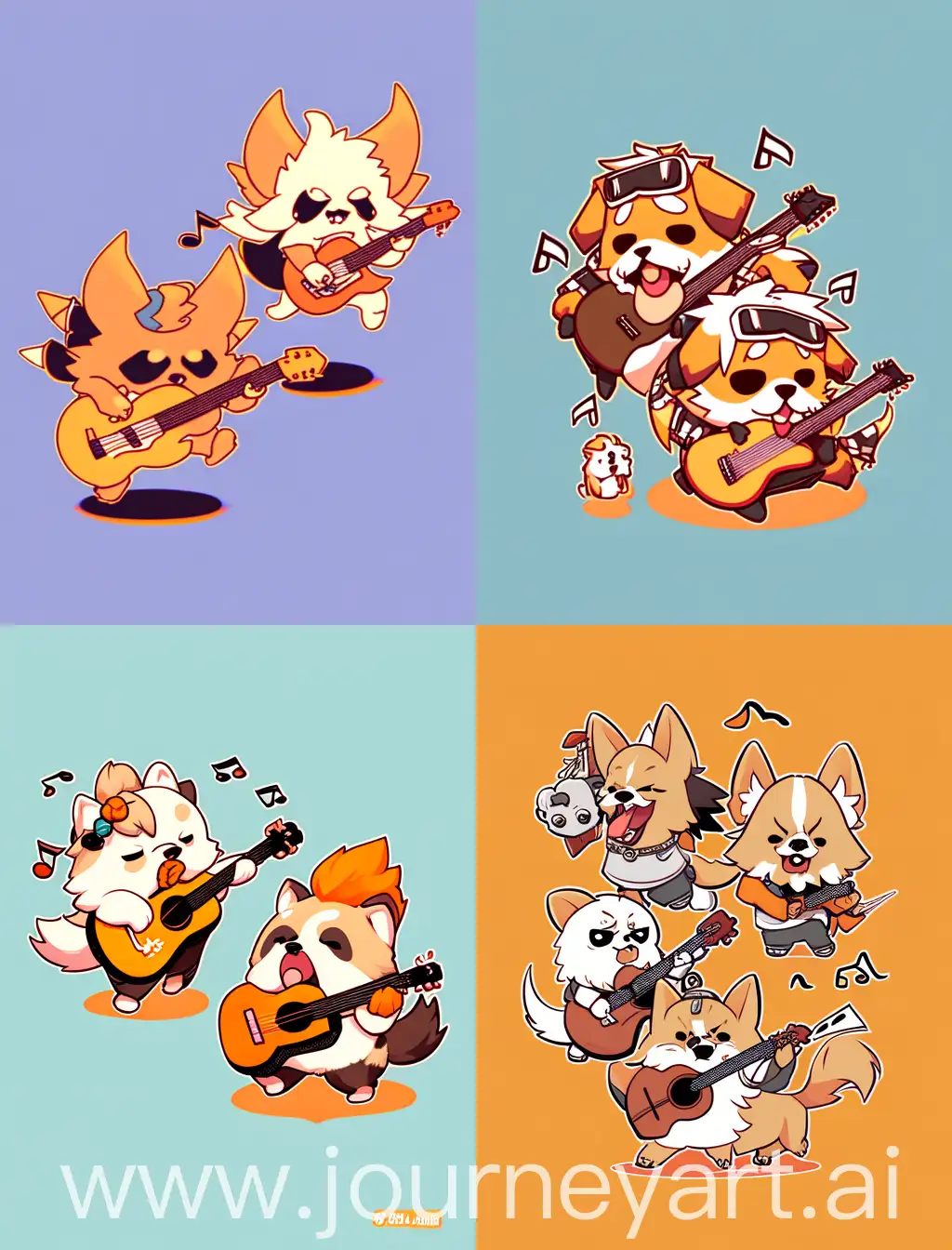 chibi dogs playing guitar, with orange solid background, strong lines