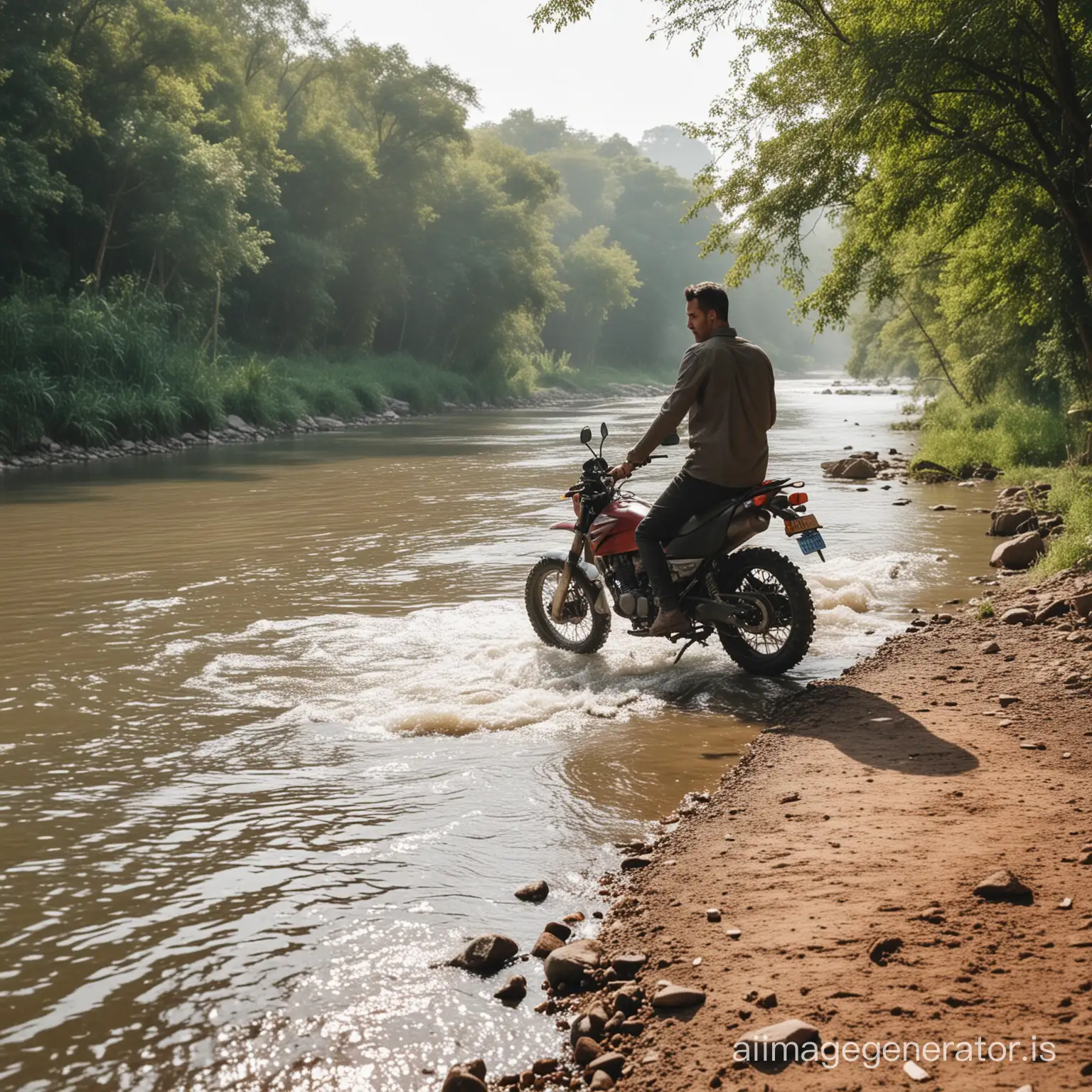 Motorbike-Rider-Enjoying-Riverside-Scenery
