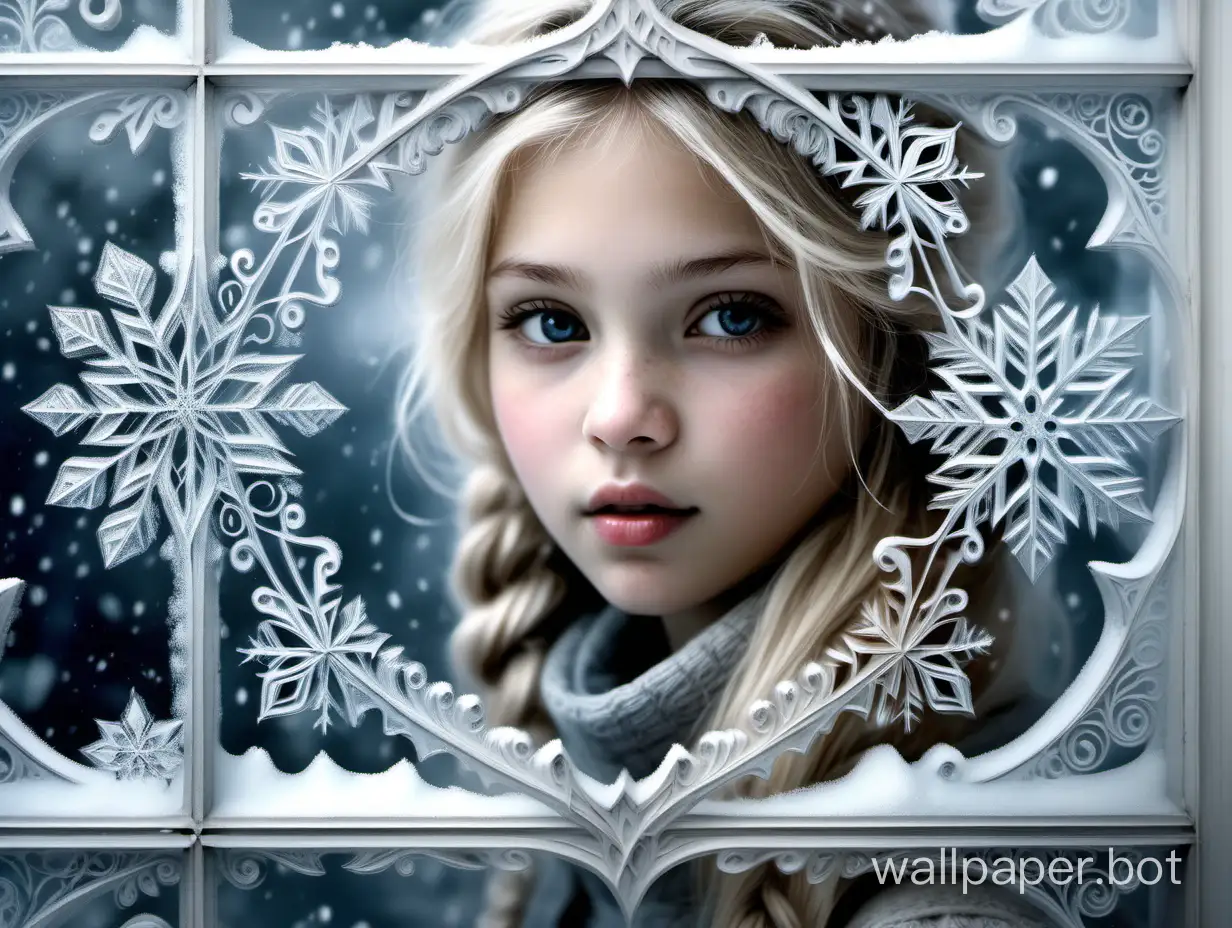 winter, a girl by the frozen window, an exquisite drawing, a delicate filigree pattern, winter theme, sharpness. Mariea@mmg