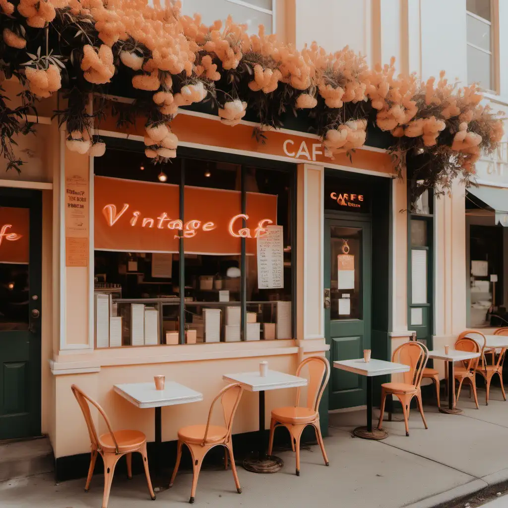 Vintage cafe with tables out the front, white front and peachy orange blossoms, peachy aesthetic, cinematic
