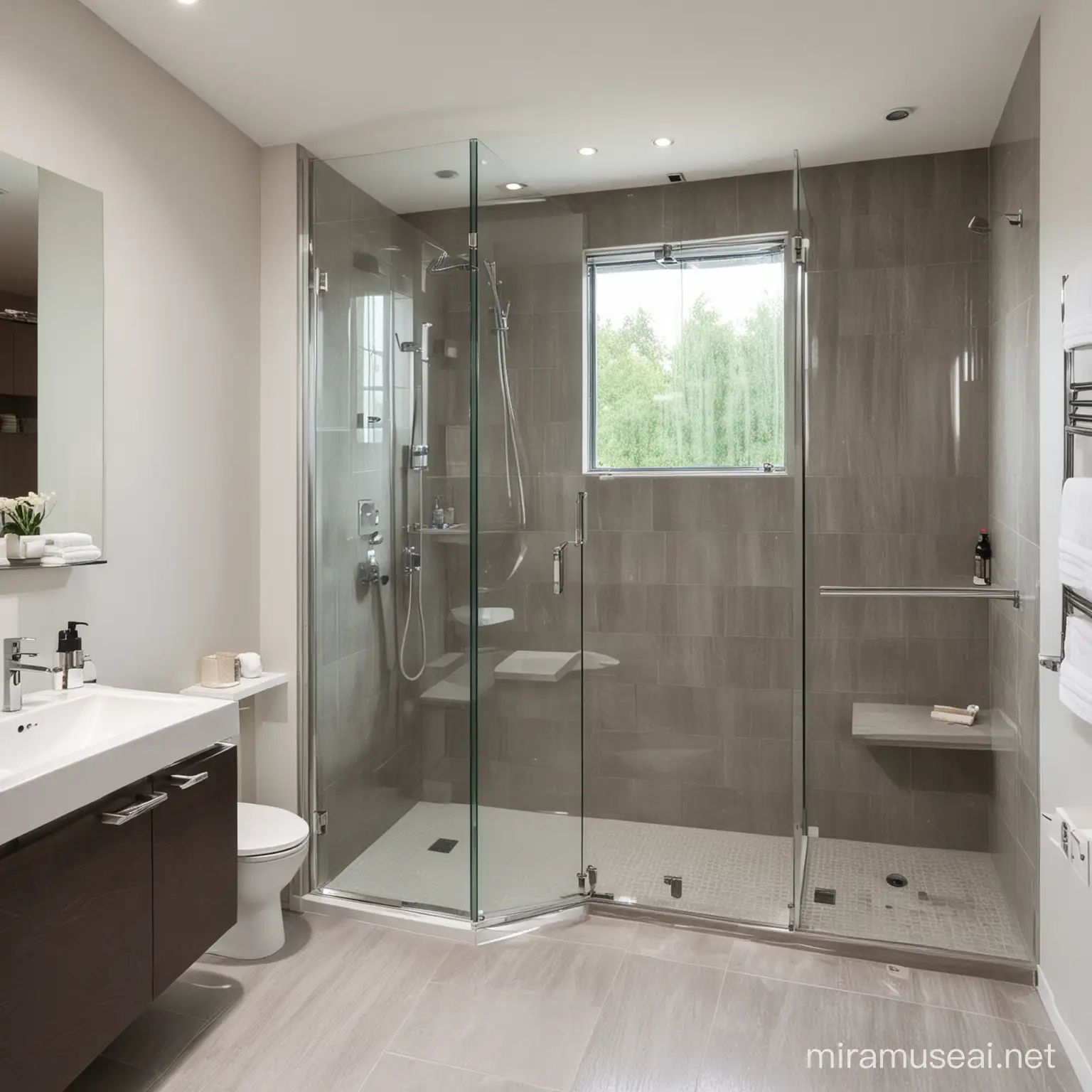 Luxurious SpaLike Bathroom with Modern Rainfall Shower and Relaxing Ambiance