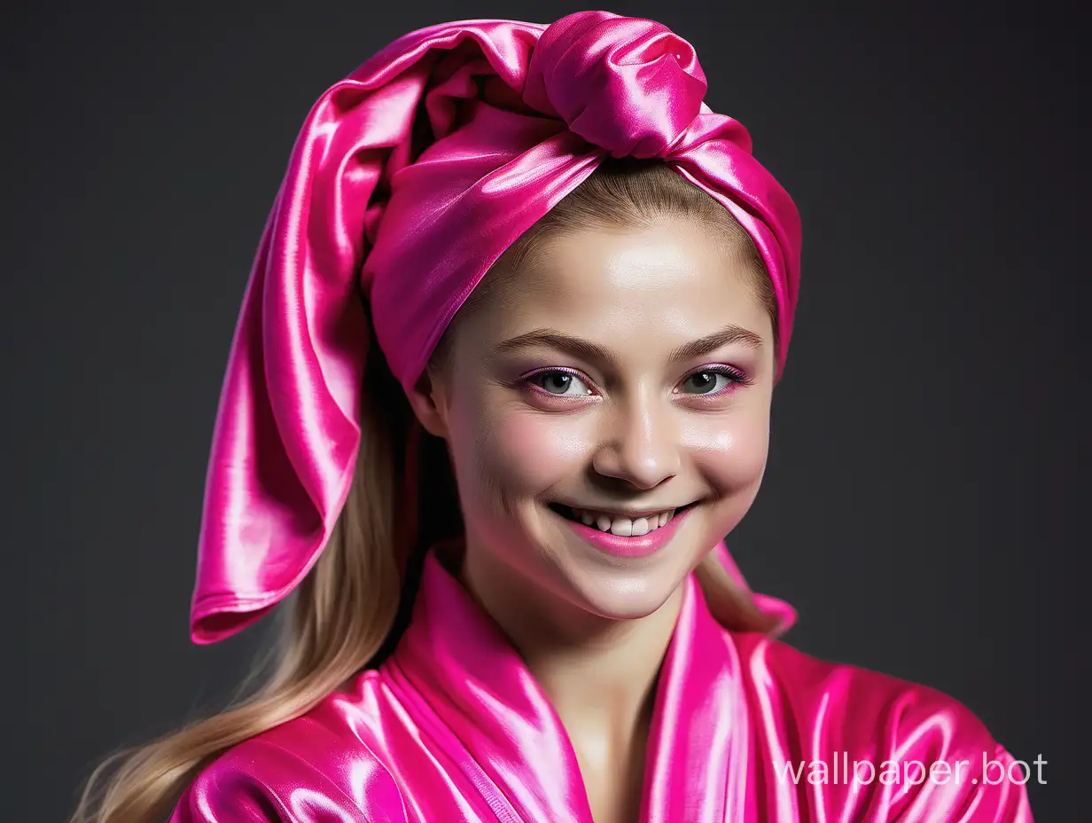 Yulia Lipnitskaya smiles with long hair in a silk robe the color of pink fuchsia with a pink silk towel turban on her head