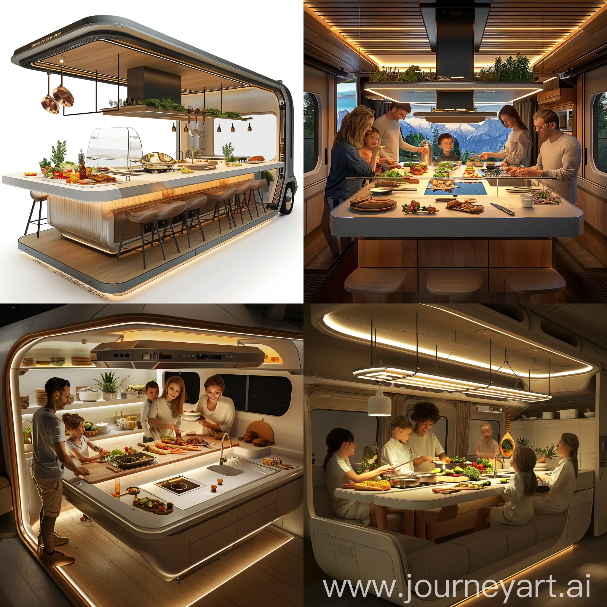 You are tasked with designing a mobile kitchen for a family who travels frequently and seeks to maintain a close connection with nature while preparing healthy and delicious meals during their journeys. Your challenge is to create an innovative design that incorporates biophilic design elements, organic materials, and a cozy ambiance inspired by Italian coastal kitchens. The kitchen should include a central island that comfortably accommodates five people, complete with an integrated sink and an induction cooktop, along with a suspended hood to eliminate vapors and odors. You also need to develop a lighting system that conveys a sense of warmth and serenity while complementing the Italian coastal-inspired style. Be creative and think of practical, functional solutions to meet the needs of this family on their culinary adventures around the world.