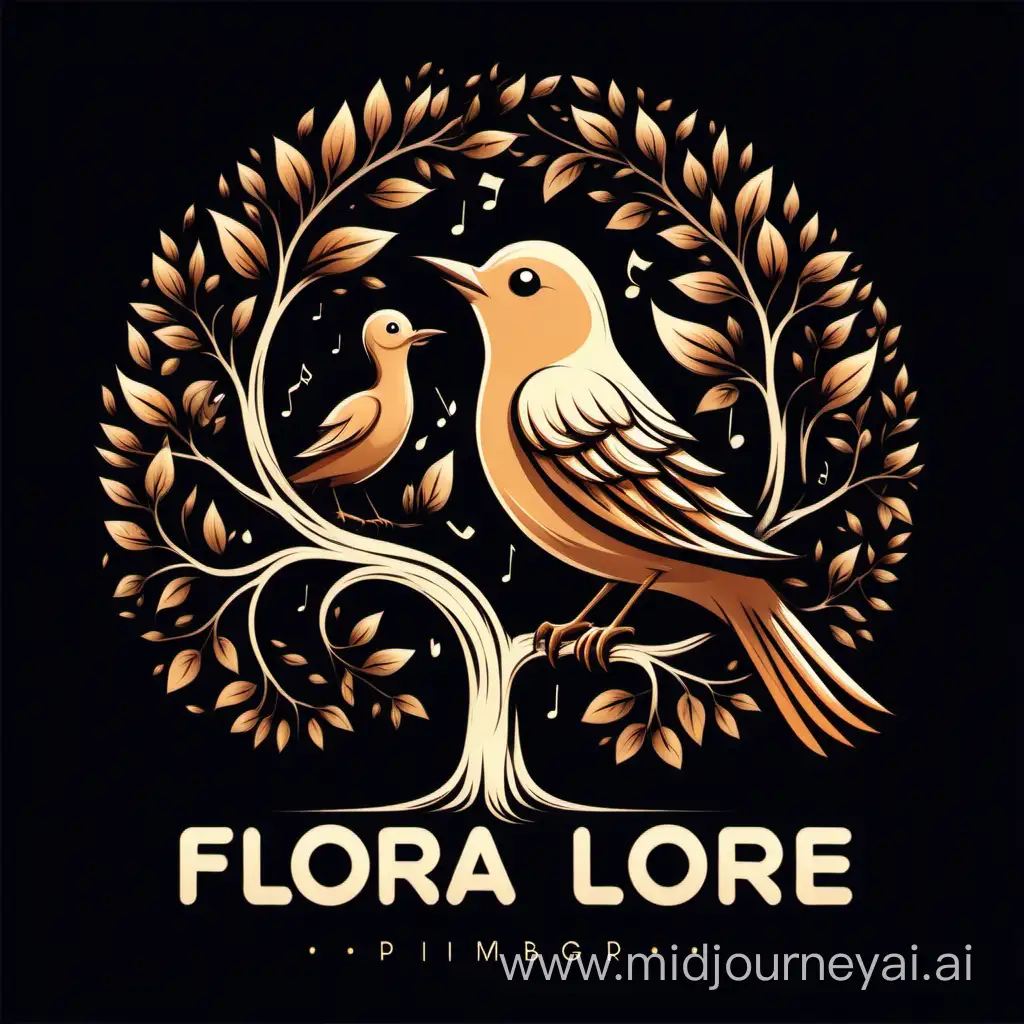 Flora Lore Logo Bird Singing on Tree with Music Symbol