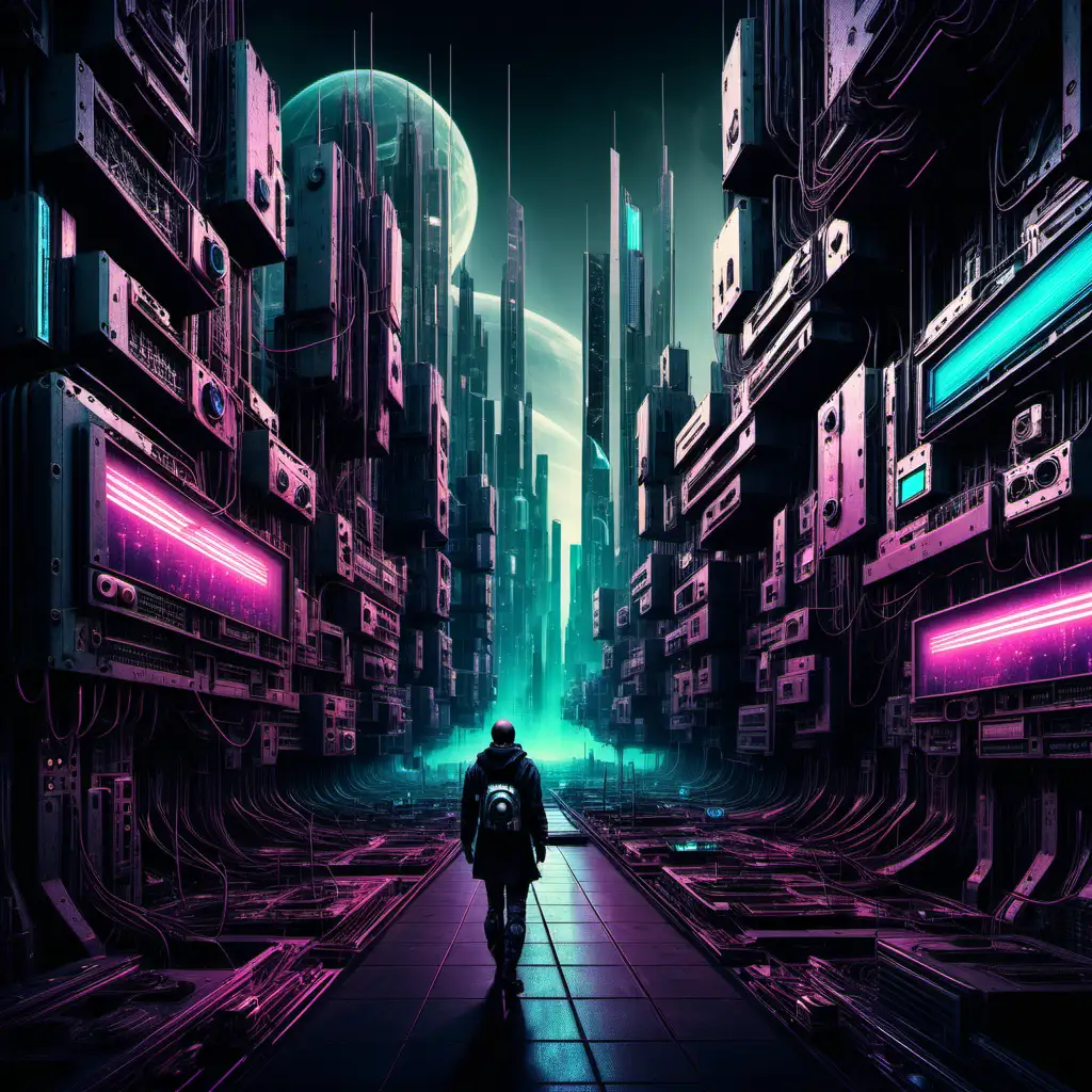 Futuristic Modular Techno Album Cover with Cyberpunk Art