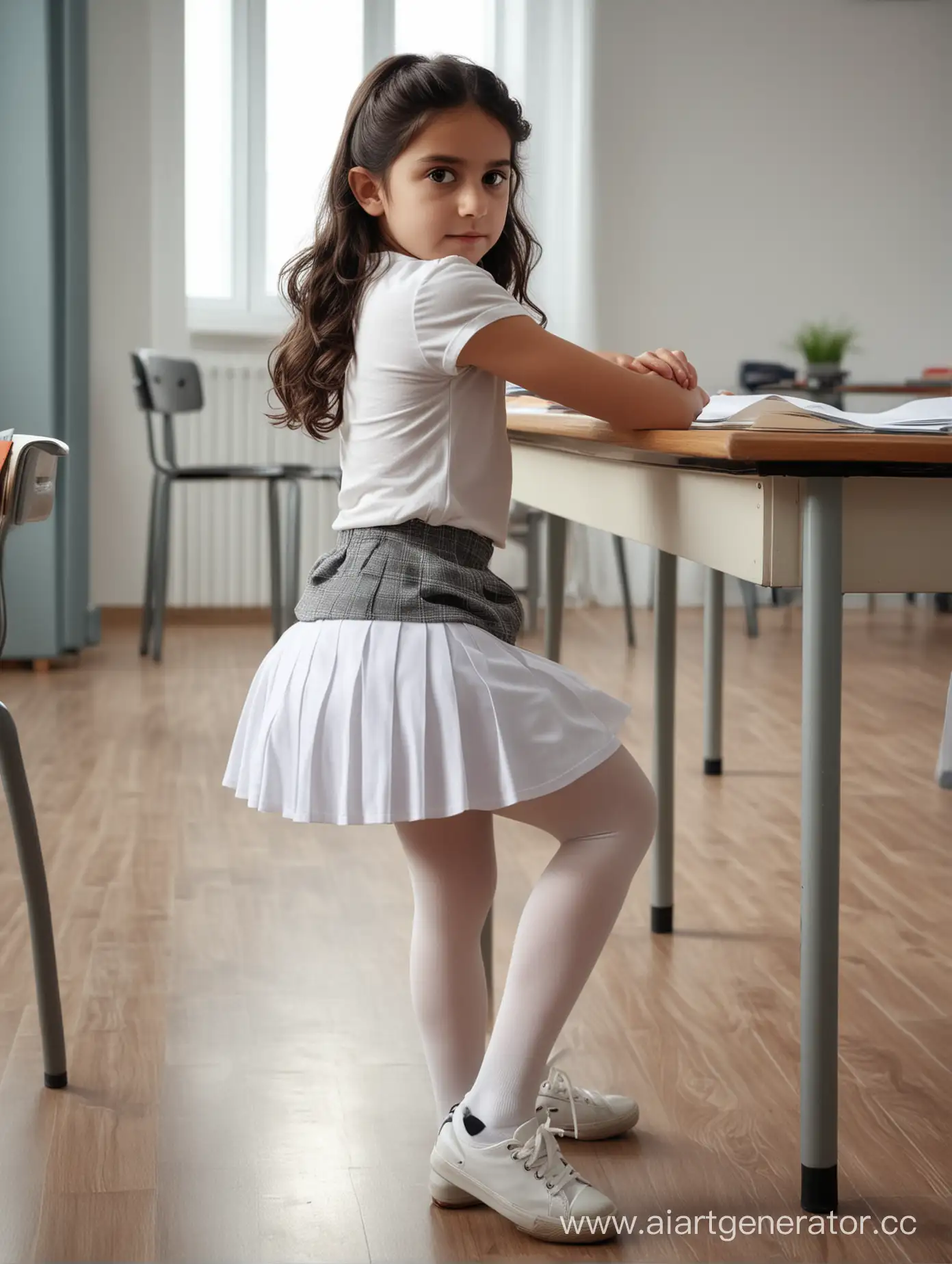 A little girl, 10 years old, in classroom, school skirt, white opaque tights, sport shoes, dark hair, turkish, 8k sharp, soft light, very close shot, bending on the desk, from behind, 