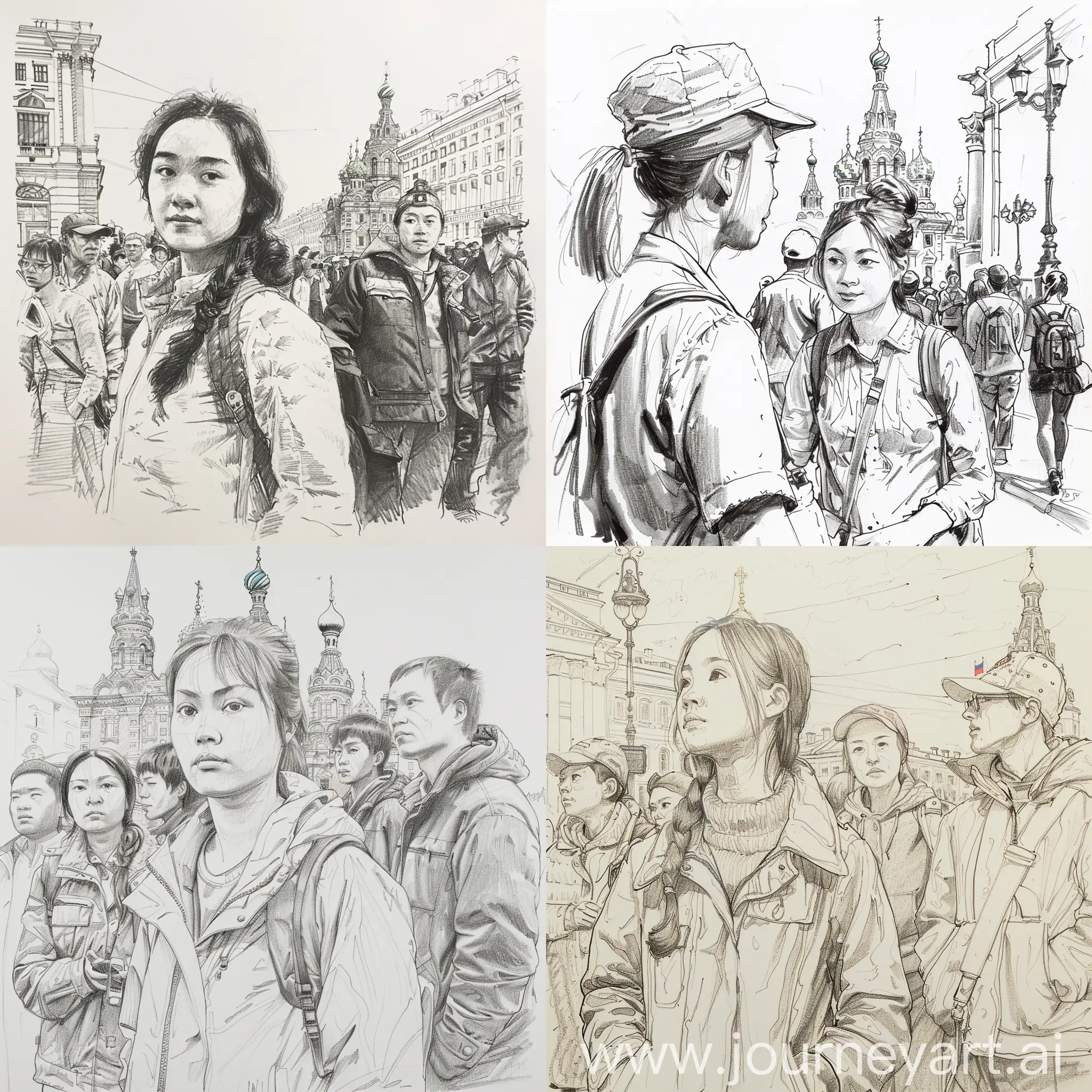 Нарисуй русскую девушку с китайскими туристами в Санкт-Петербурге