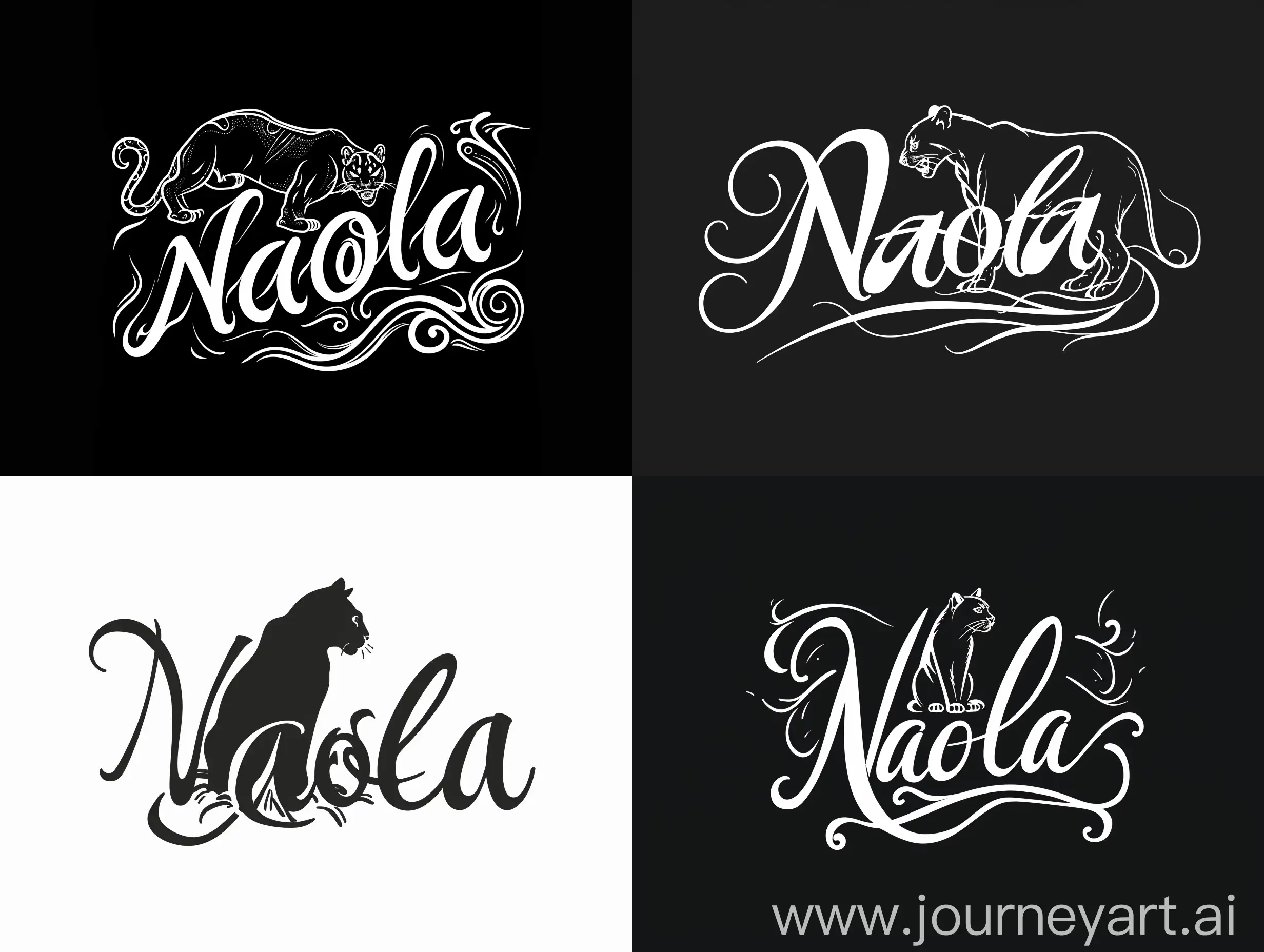 The logo is a calligraphic lettering with the inscription "Naola" and a silhouette of a panther. minimalistic logo design. 8k. Black and white colours. fine lines