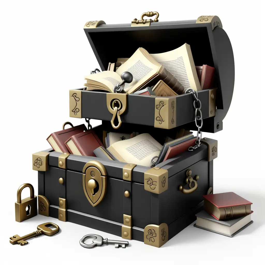 black and white, [open treasure chest with an antique key in lock, inside the chest are books, a computer and professionally dressed people], simple, white background, cartoon like