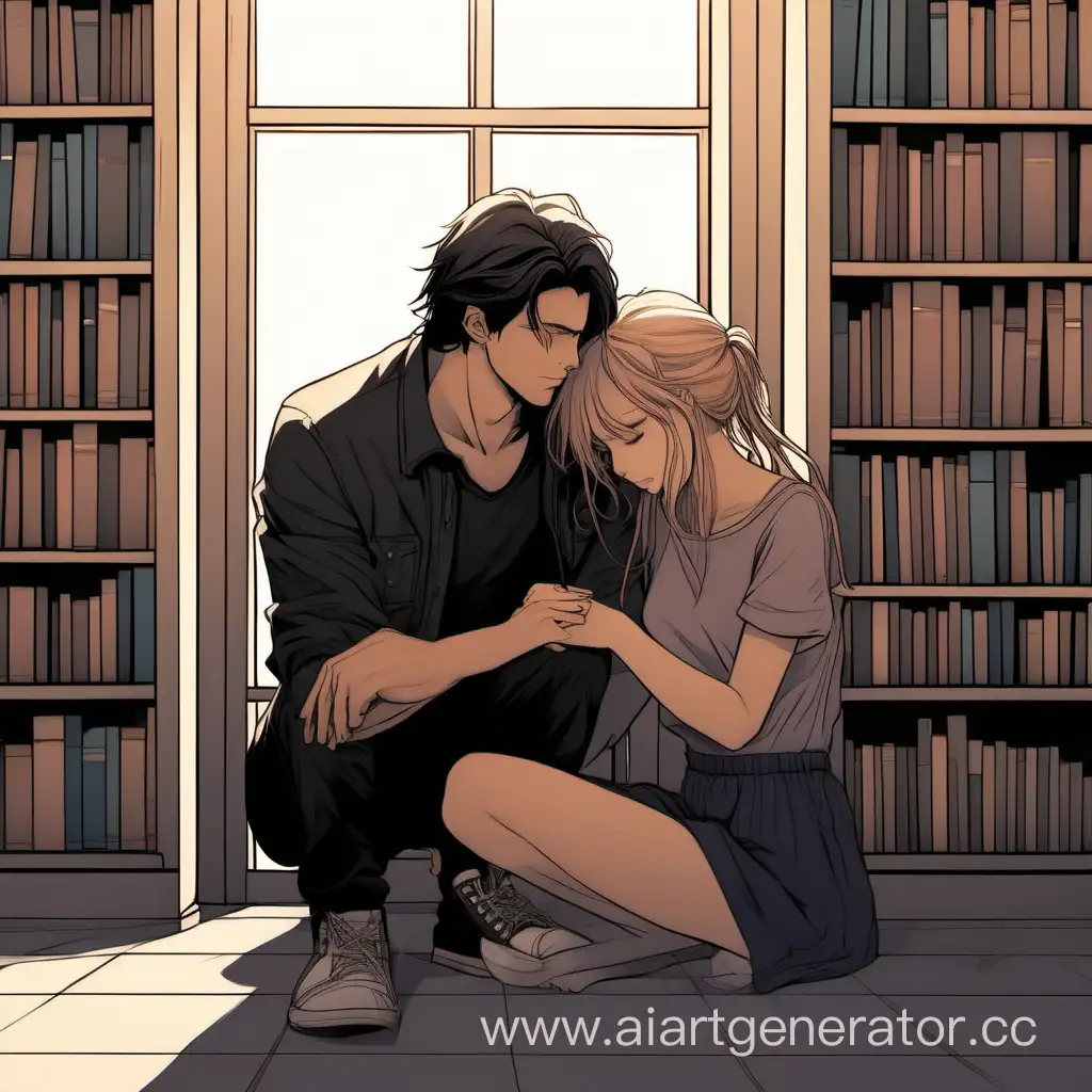 Emotional-Moment-DarkHaired-Guy-Comforts-LightHaired-Girl-in-Library