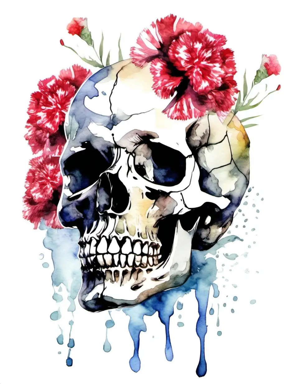 Ethereal Skull with Carnations Watercolor Art on White Background