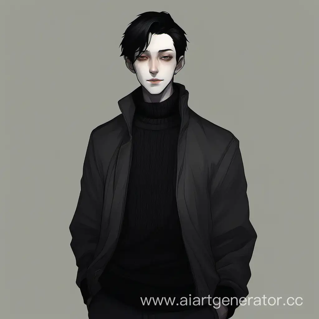 Portrait of a black-haired young man, he is pale and thin, he has shadows under his eyes, and a kind smile, he has black eyes and pale skin like a ghost. He is wearing a warm black sweater and a jacket. Gothic