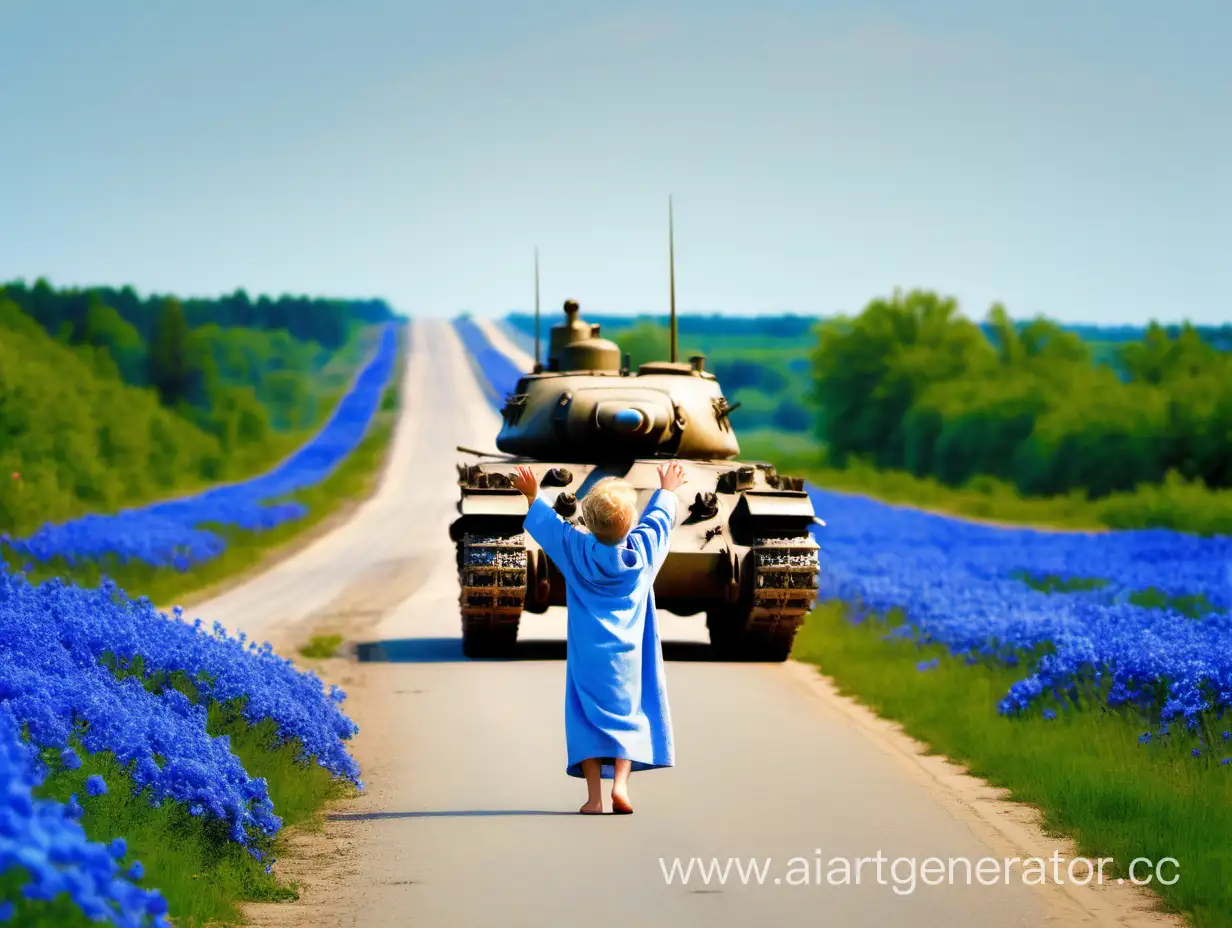Кудрявый золотоволосый мальчик встречает руками танк Т-34, что движется по дороге вдалеке. Одет мальчик в длинную женскую рясу, стоит спиной. Мальчику всего 5 лет. Май месяц, поле цветет голубыми цветами