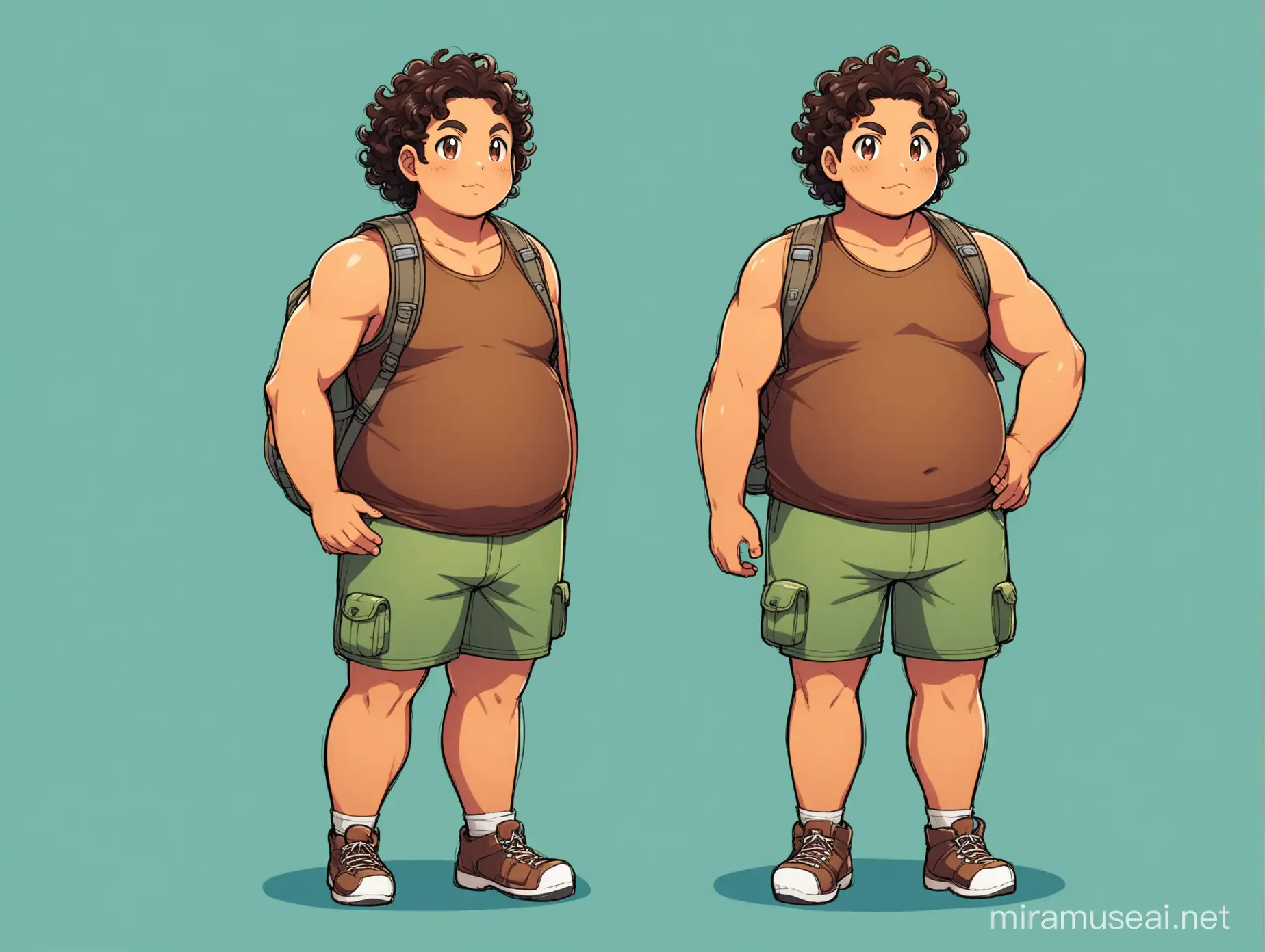 a man dressed like a hiker, curly dark brown hair, tanned skin, tank top and shorts, full body, no beard, a little chubby and tall but not much, pokemon anime style