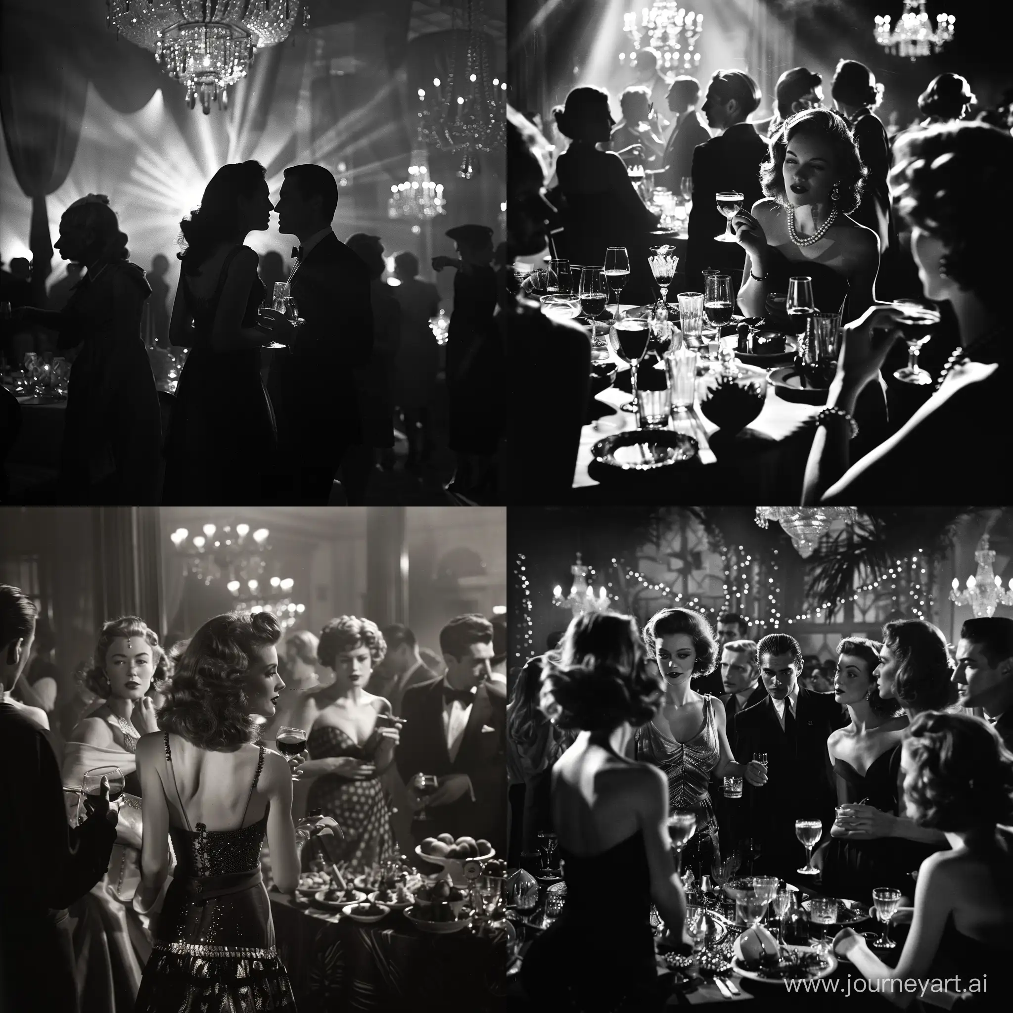 Noir shot of a scene from 1940s glamorous high-class party