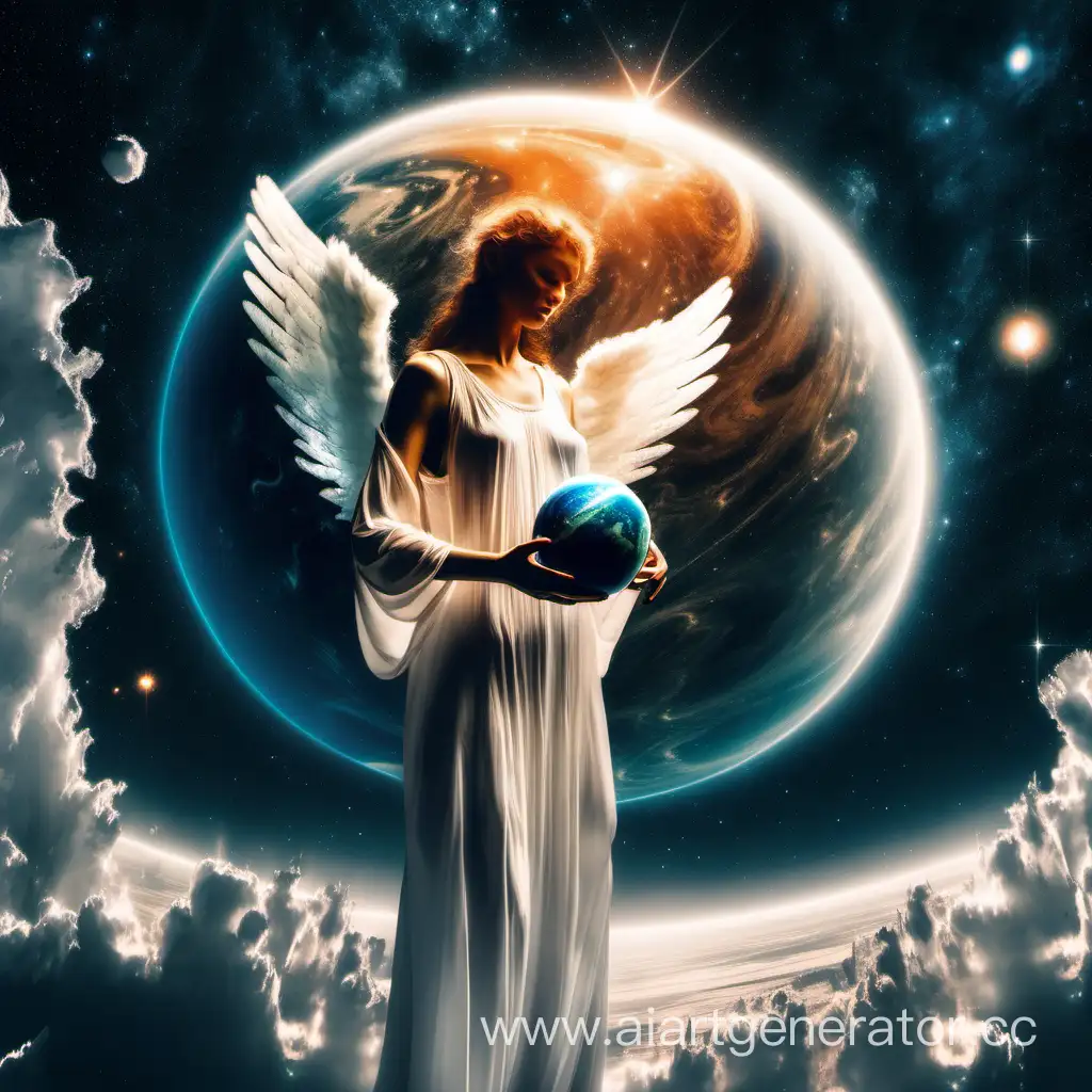 Ангел держит планету на фоне космоса