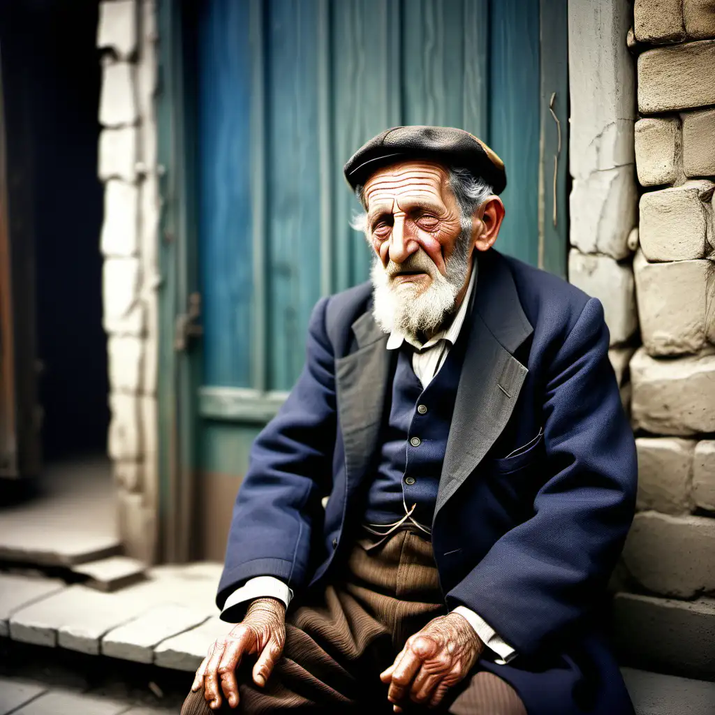 Full Colour Image. 1920s. A down and out elderly Jewish man. The background is a old polish shtetel life, the jew should look orthodox jewish with a wise man hapiness