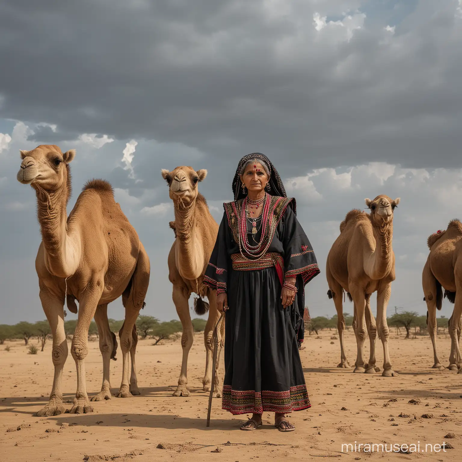 Elderly Rabari Woman in Traditional Black Clothing Standing Amidst Camels in Desert Landscape under Cloudy Sky