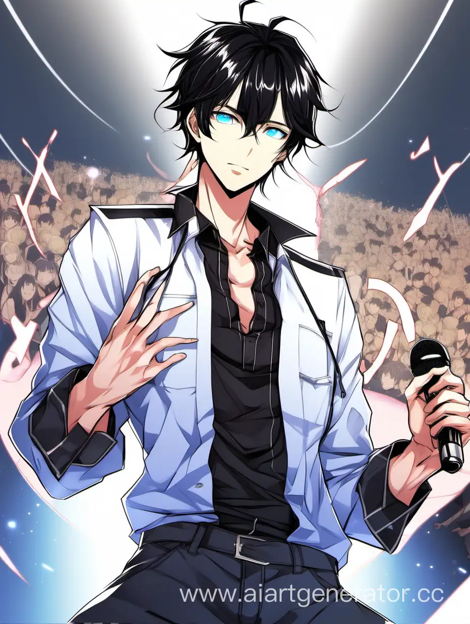 a man in a idol outfit holding a microphone, [ adamantly defined abs ]!!, [ rigidly defined abs ]!!,  tinyest midriff ever, open v chest clothes,black hair,teenage,student 17 year old,idol face,headphone,webtoon ,male anime characters,black hair,blue eyes