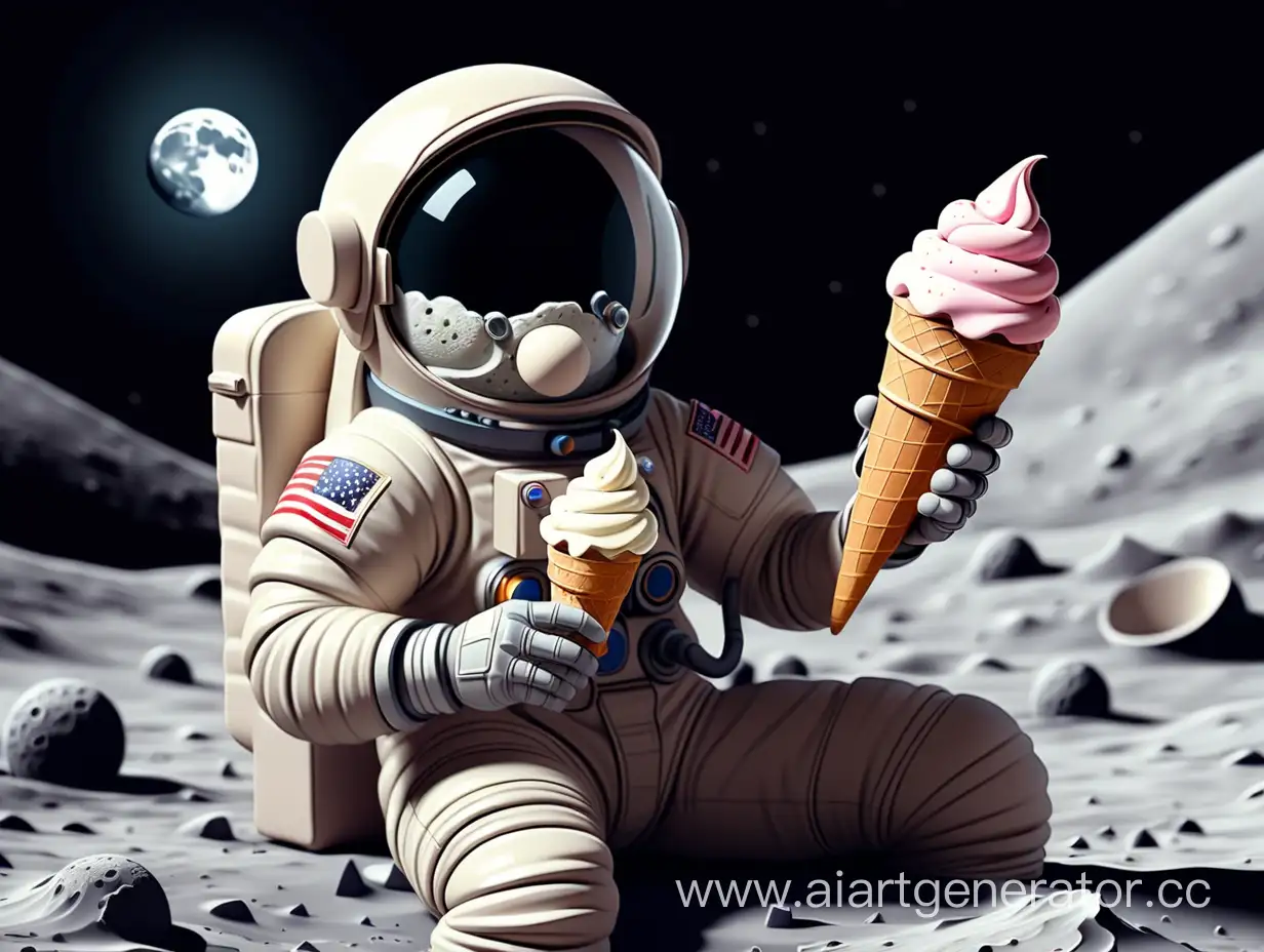космонавт в мультяшном стиле сидит на луне и в руках держит мороженое