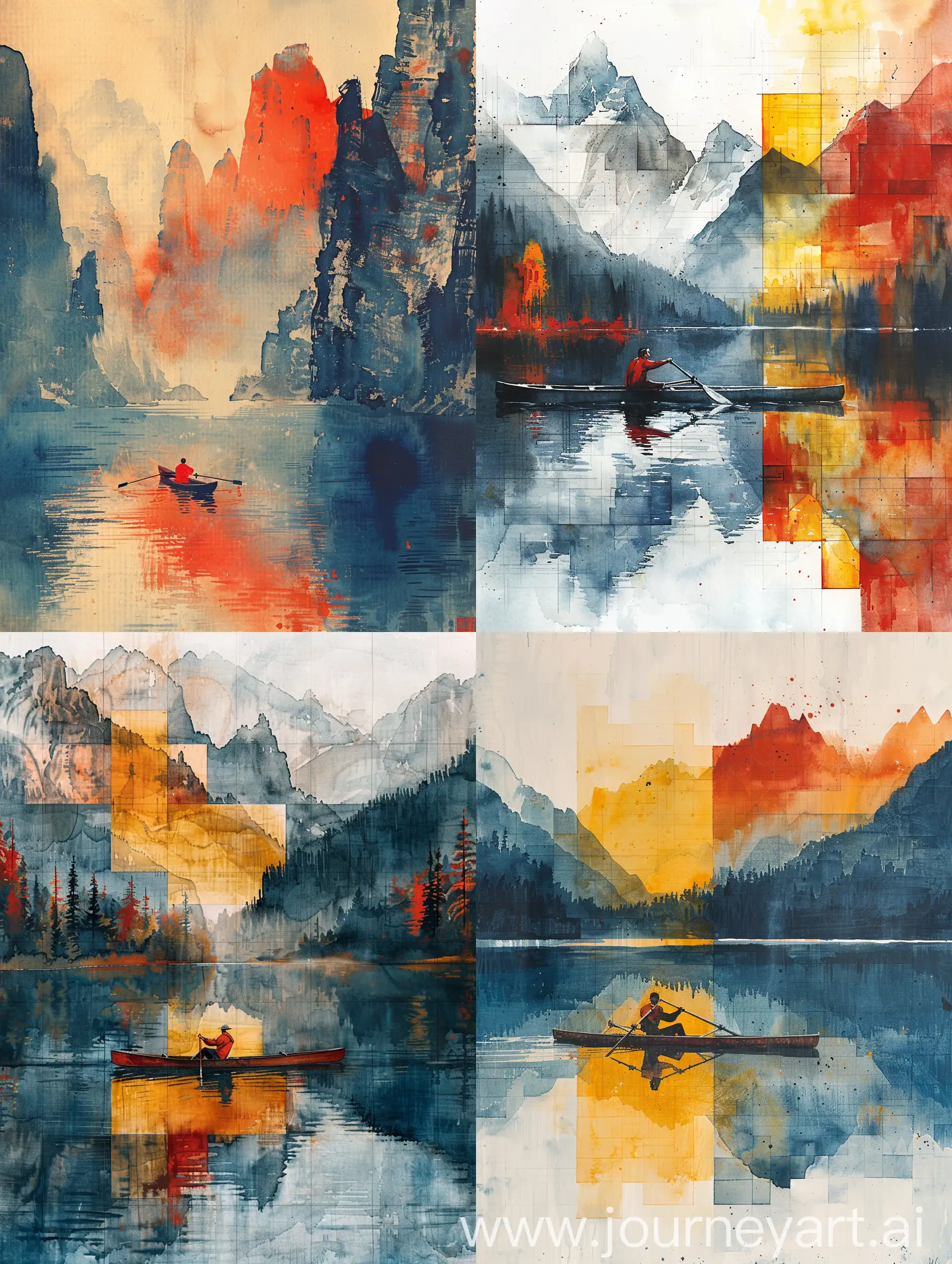 Mountain-River-Rowing-Wu-Guanzhong-and-Piet-Mondrian-Style-Watercolor-Art