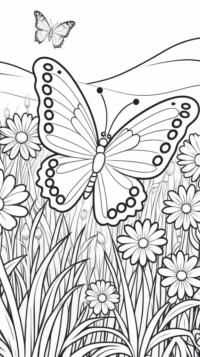 coloring page for kids, simple solid black lines, butterfly in field of flowers