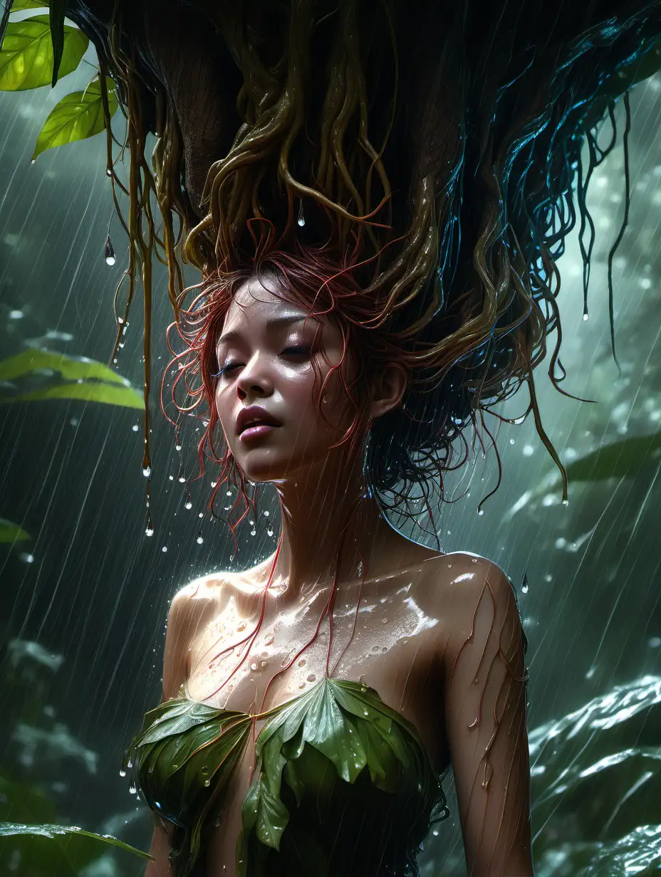 "A raining scenery where a tiny tree spirit is hiding UNDER A HUGE FLOWER PETAL, soaking wet, looking up the rain drops, in a rainforest, her hair is connected to the roots of the tree, water dazzling with light and subtle nuances. Dreamlike Fantasy Art, Carne griffiths, lou xaz, artstation, Dynamic Lighting, hyperdetailed painting CGSociety ZBrush Central, beautiful, delicate, intricate, elegant, graceful, shiny, Hyperrealism, fantasy hyperdetailed, water dazzling with light and subtle nuances. Close-up photograph details accentuated with a macro lens, revealing the texture and color nuances --ar 16:9 --style raw --v 6.0 