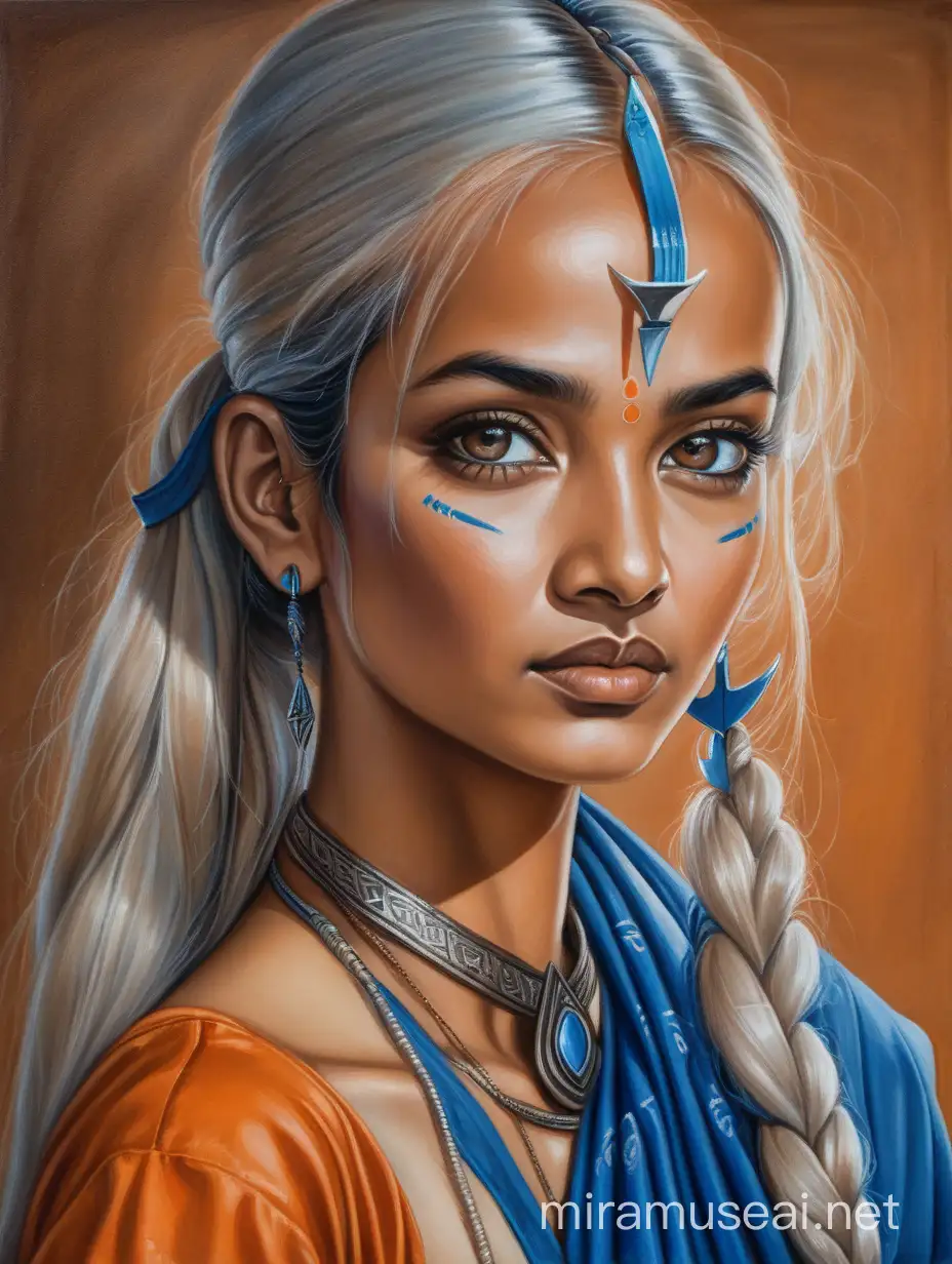 A traditional asian hall background. A close up portrait of a female Air Nomad. She is in her 20s. With white long hair. With blue eyes and tanned BROWN skin with blue arrow tattoos. She has the face of the actress Rekha. She is wearing a mixture of orange air nation clothing and blue sari. It's a oil painted portrait.