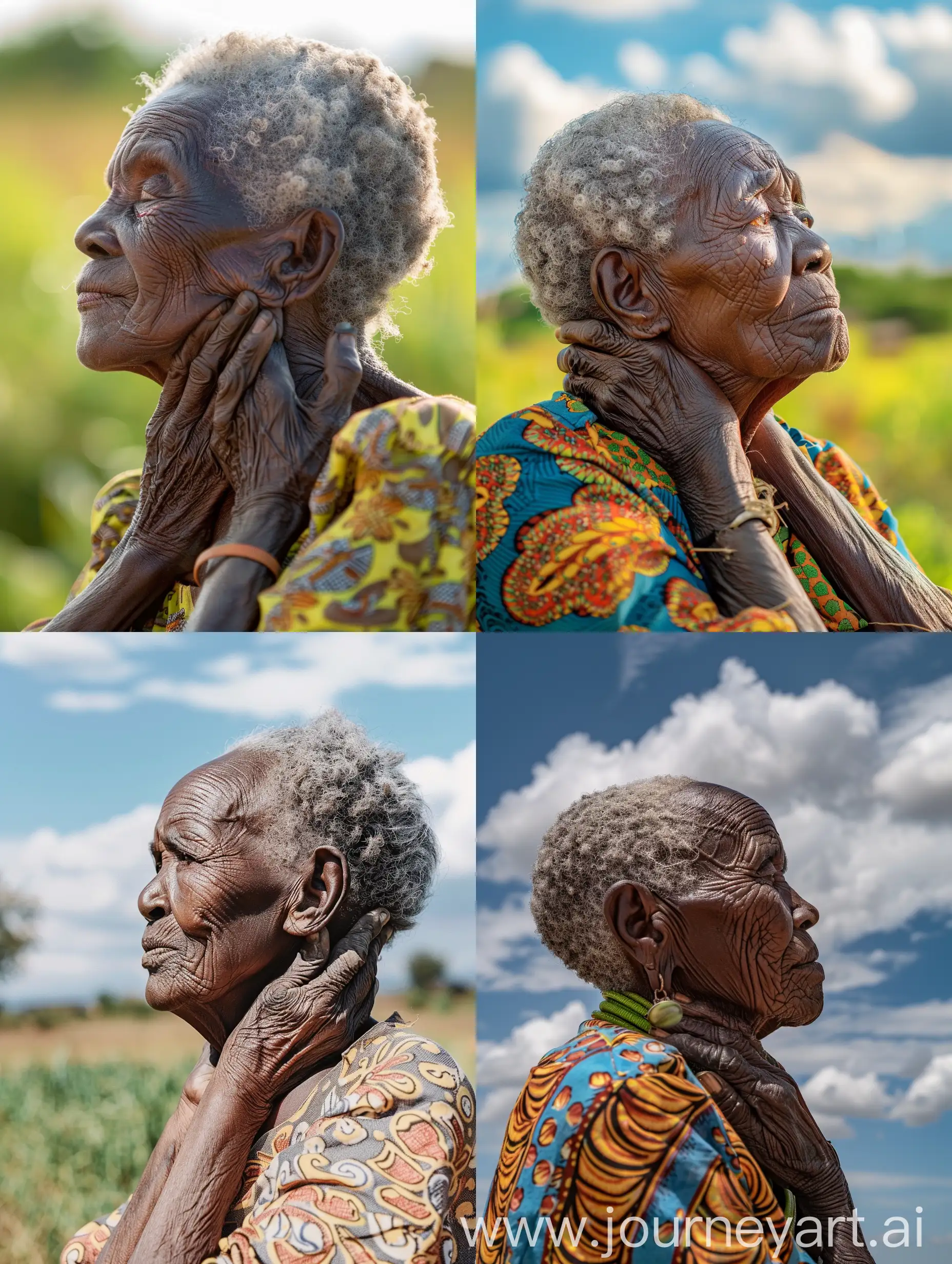 Side profile portrait of an old African woman holding her neck on a sunny day