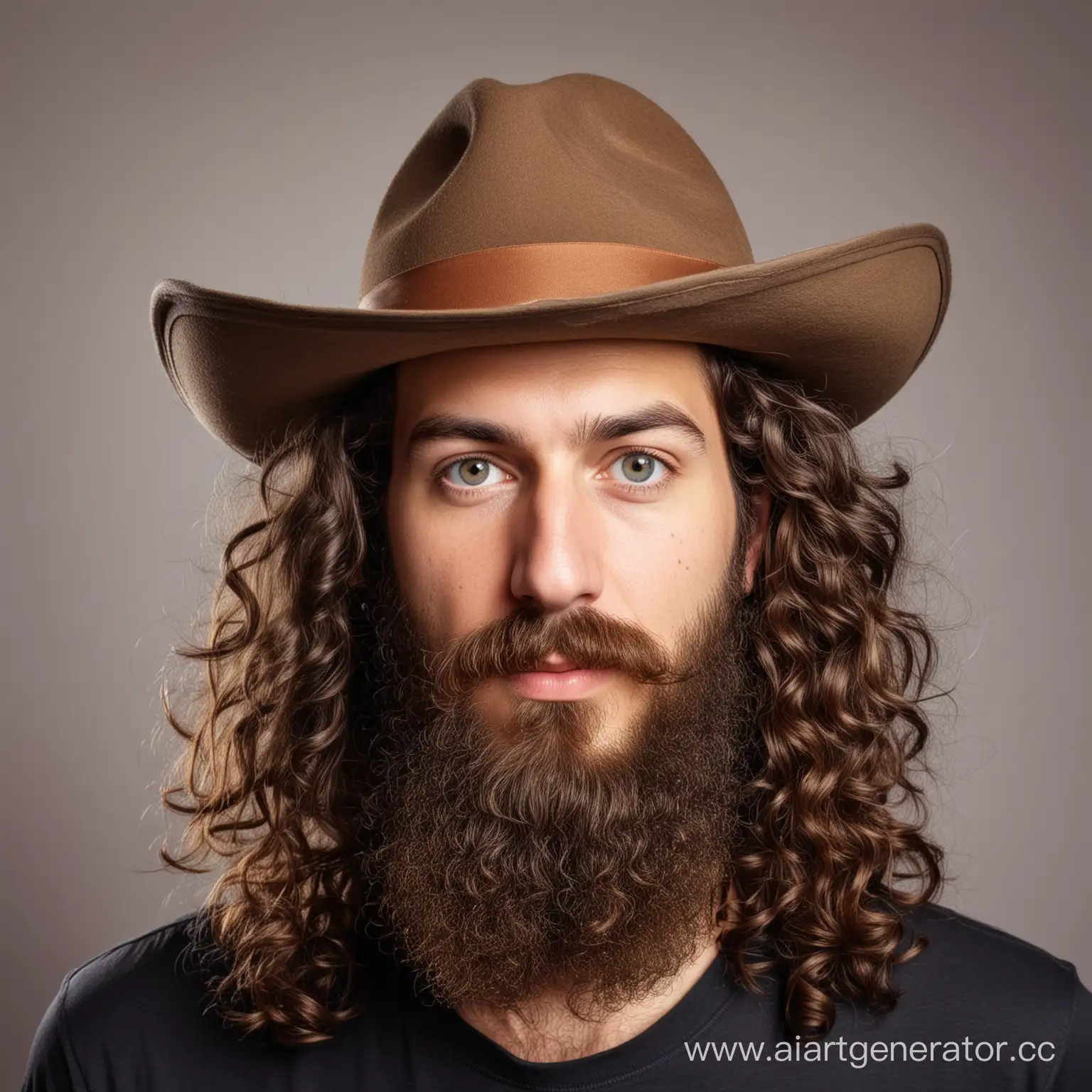 Портрет мужчины, длинные кудрявые волосы, усы, бородка, длинный нос, смешная шапочка на голове