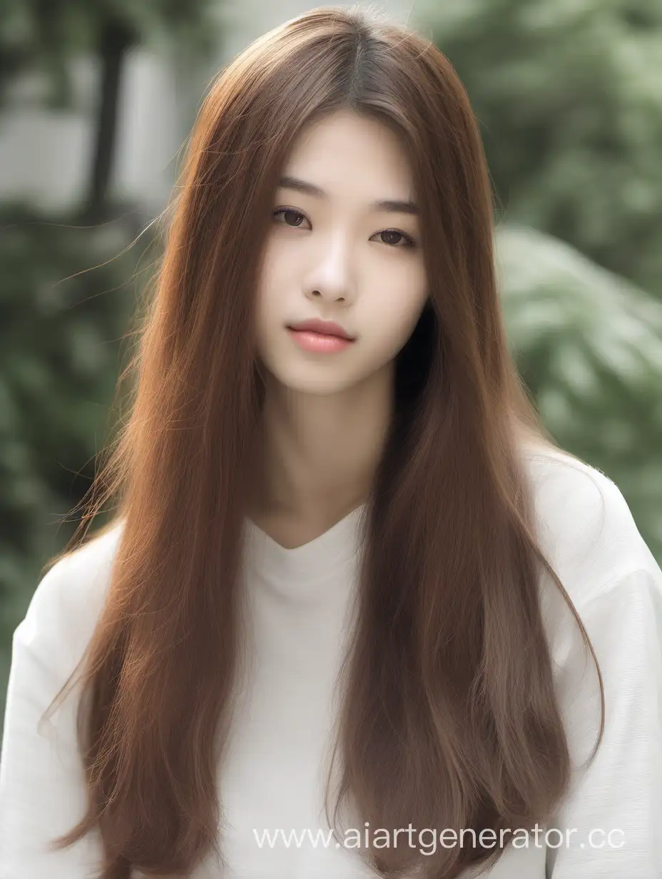 a girl, a mixture of European and Japanese, age 20, long hair, brown hair color, small natural nose, beautiful natural lips