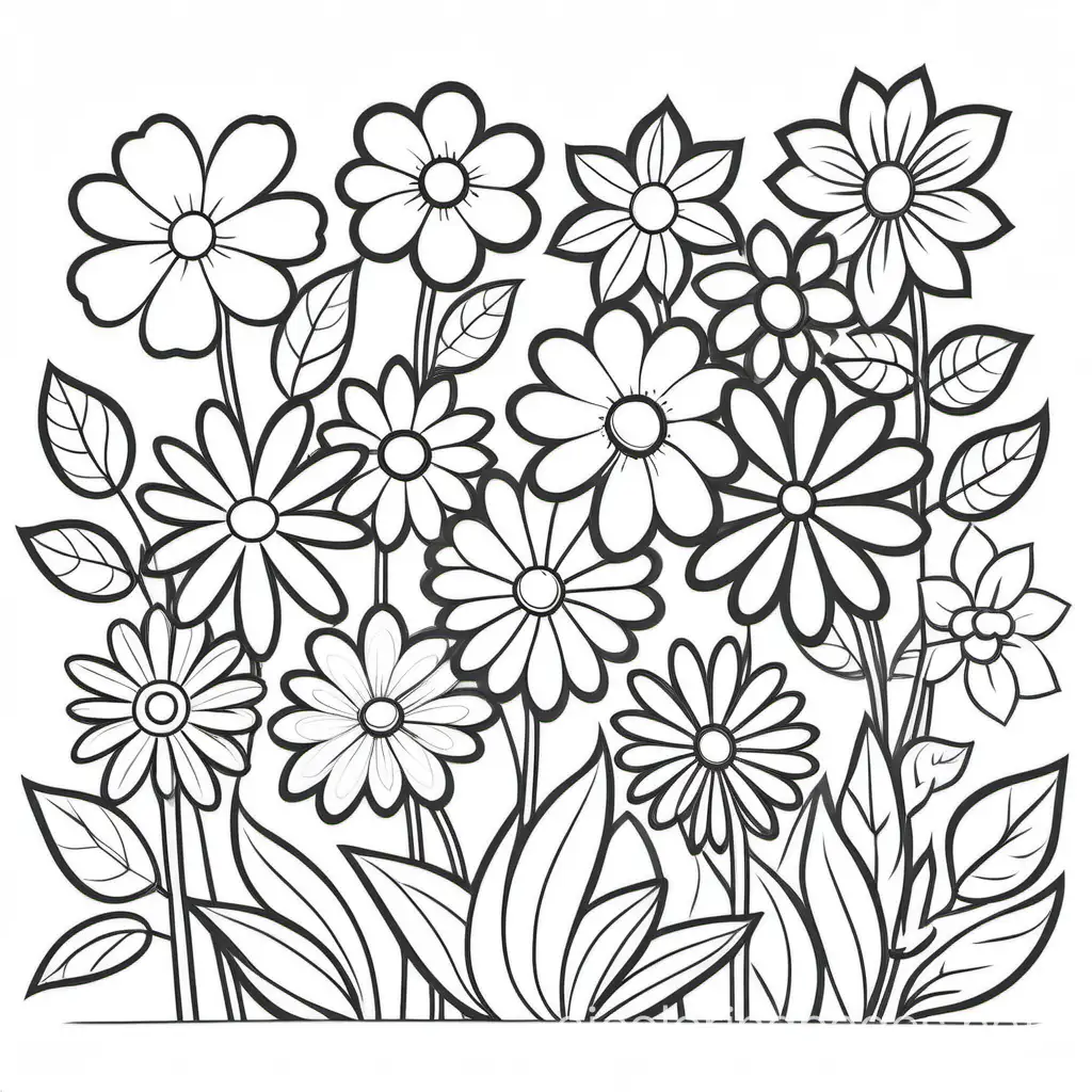Coloring book page, simple doodle realistic flowers,positive, fun, happy, Coloring Page, black and white, line art, white background, Simplicity, Ample White Space. The background of the coloring page is plain white to make it easy for young children to color within the lines. The outlines of all the subjects are easy to distinguish, making it simple for kids to color without too much difficulty