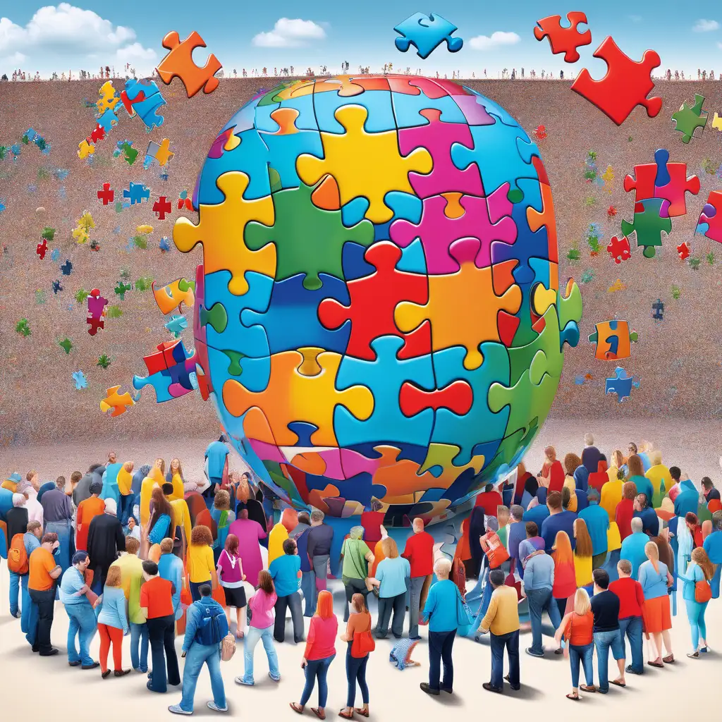 Large colorful pieces of a puzzle floating amongst people




