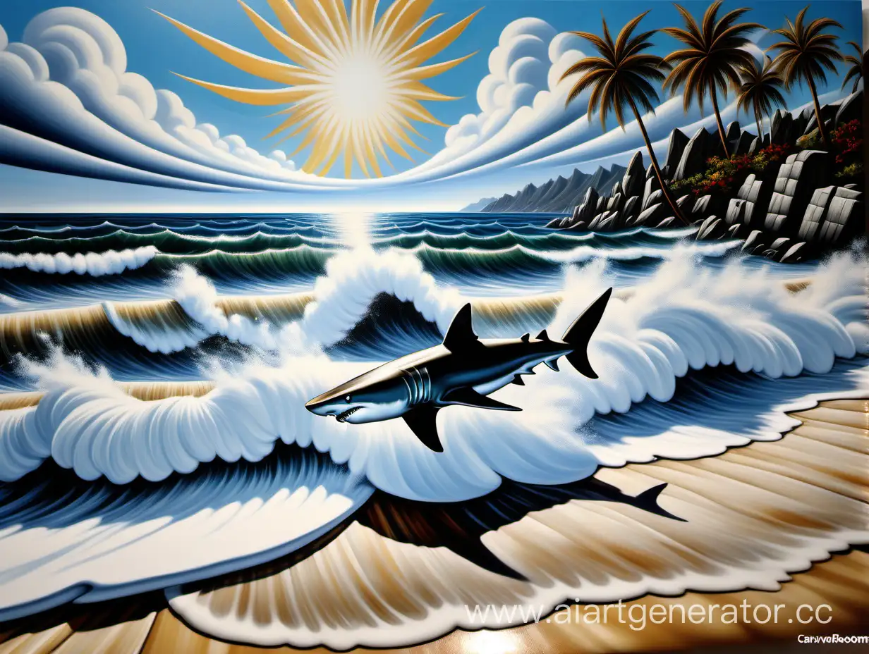 Tranquil-Coastal-Scene-with-Quartz-Sand-Sharks-and-Palm-Trees