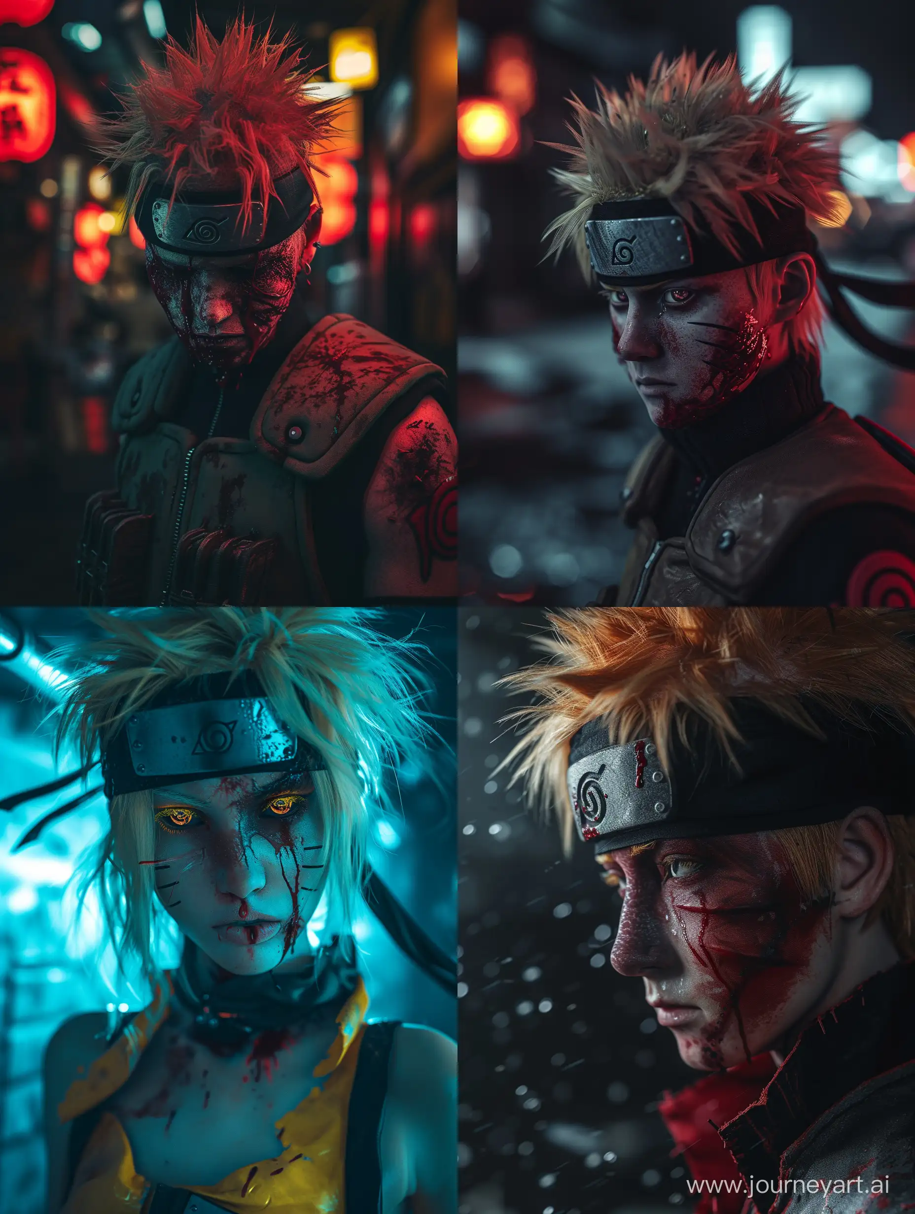 realist photography, urban cyberpunk style adult Naruto real life, bleeding, after fight, realistic, highly detailed, 8k, wallpaper, dramatic, cinematic, lifelike