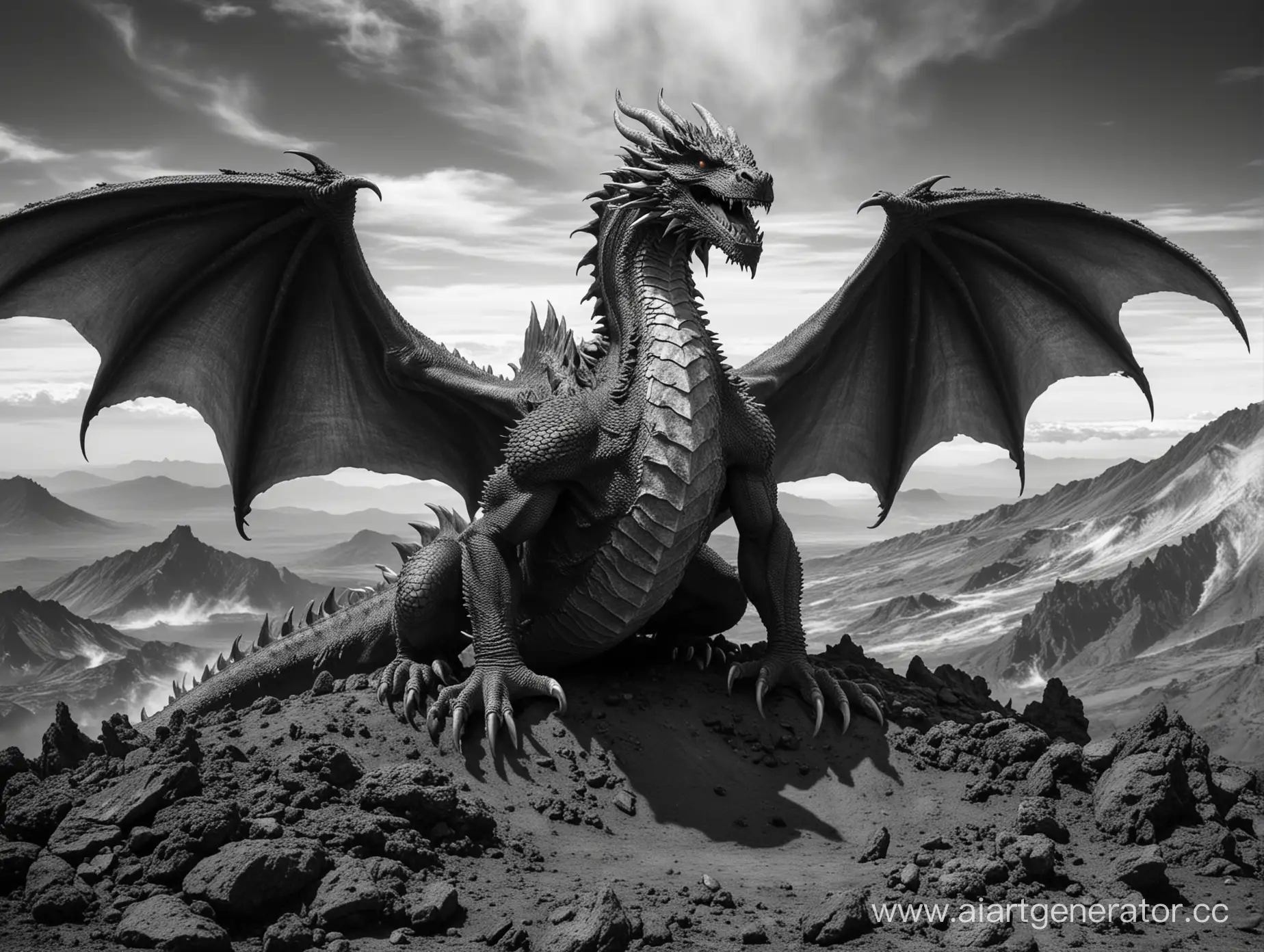 Majestic-Dragon-Perched-atop-Monochrome-Volcano