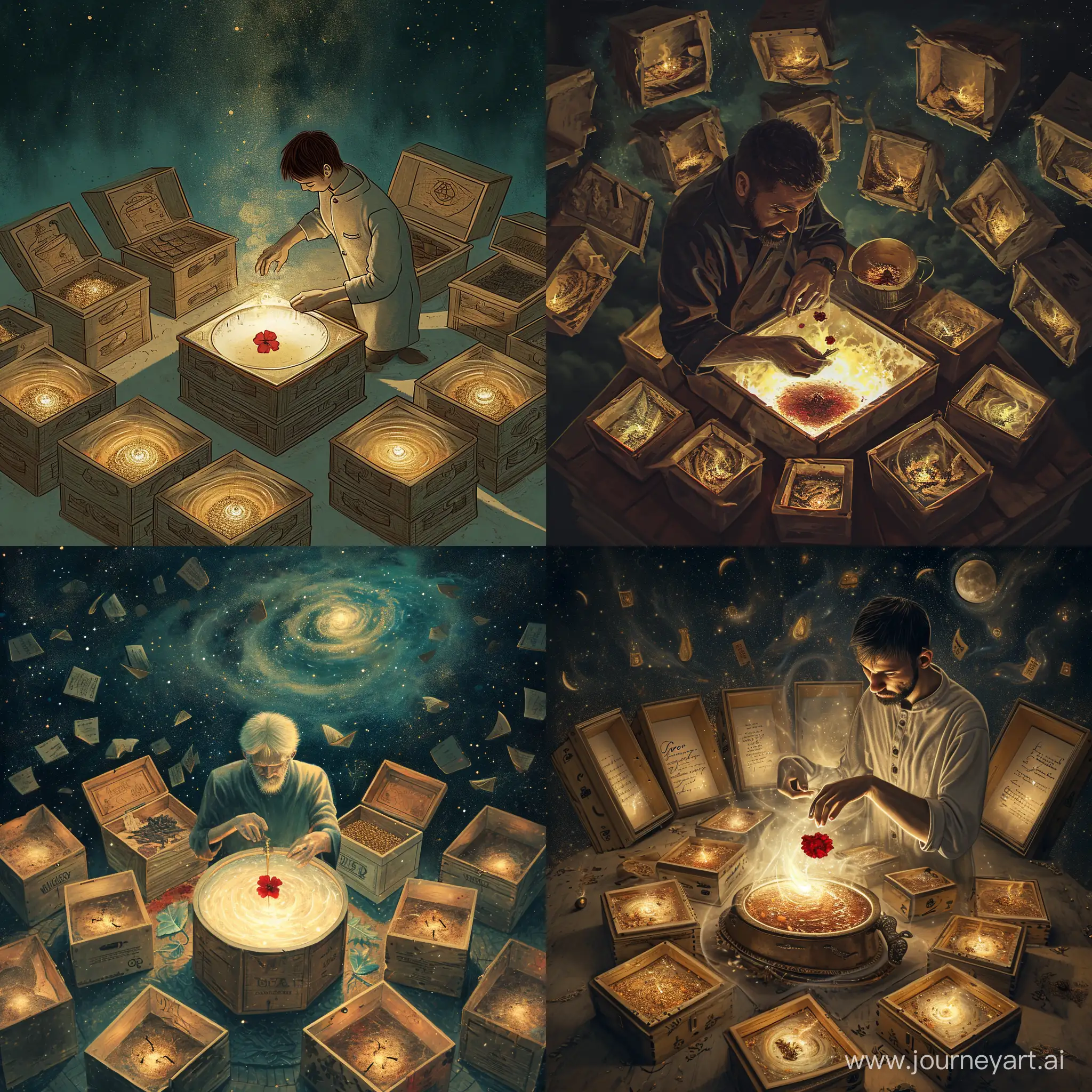 In the moonlight, the alchemist prepares his infusion, a potion for love and reciprocity. Around him are a dozen open wooden boxes. He carefully puts the ingredients into a bowl - a pinch of finely ground spice, a bit of viscous ink tincture. And the final touch is one red carnation. As the potion boils, it begins to glow, emitting a light that warms the entire room