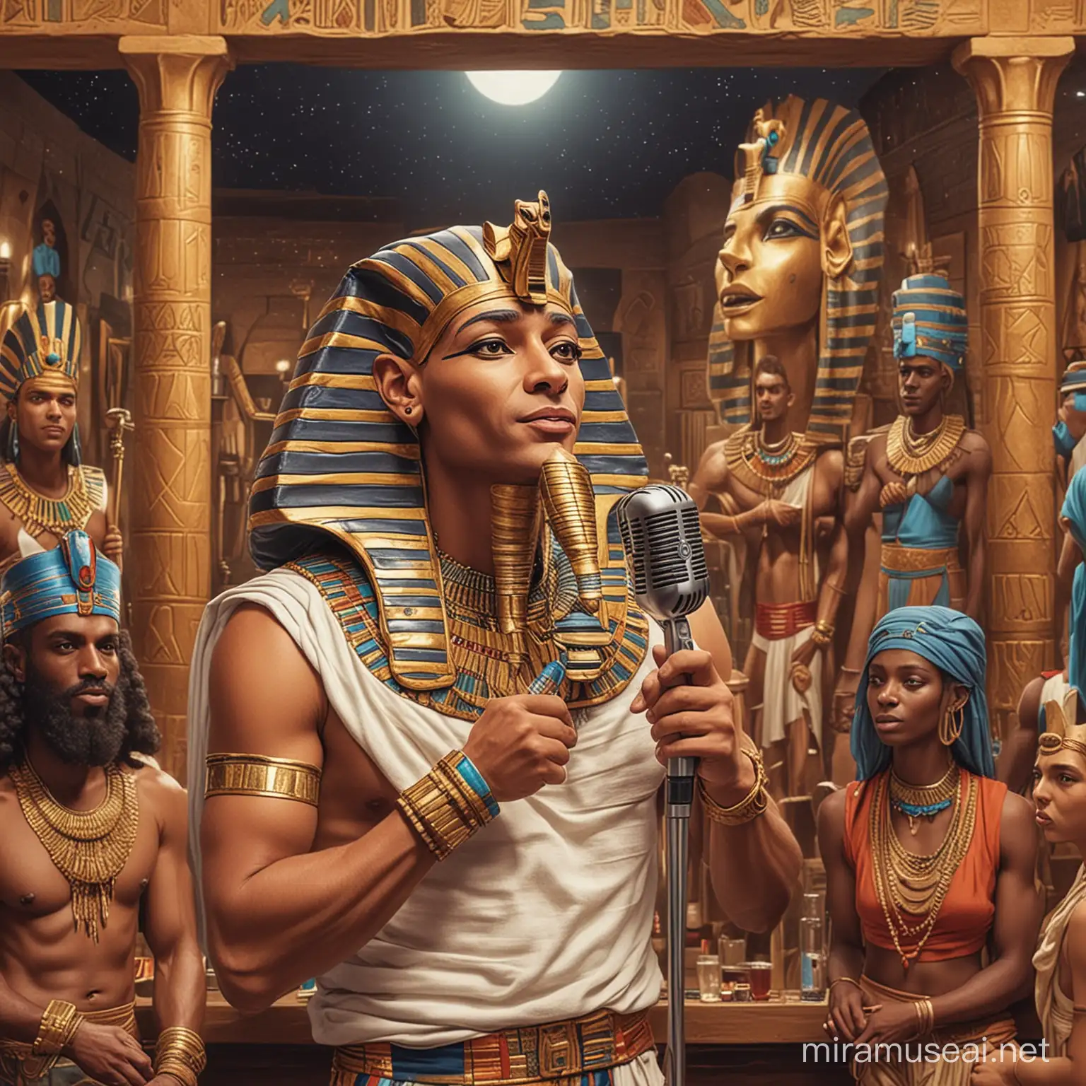 Neighborhood bar background. Pharaoh holds a microphone and sings karaoke together with Moses
