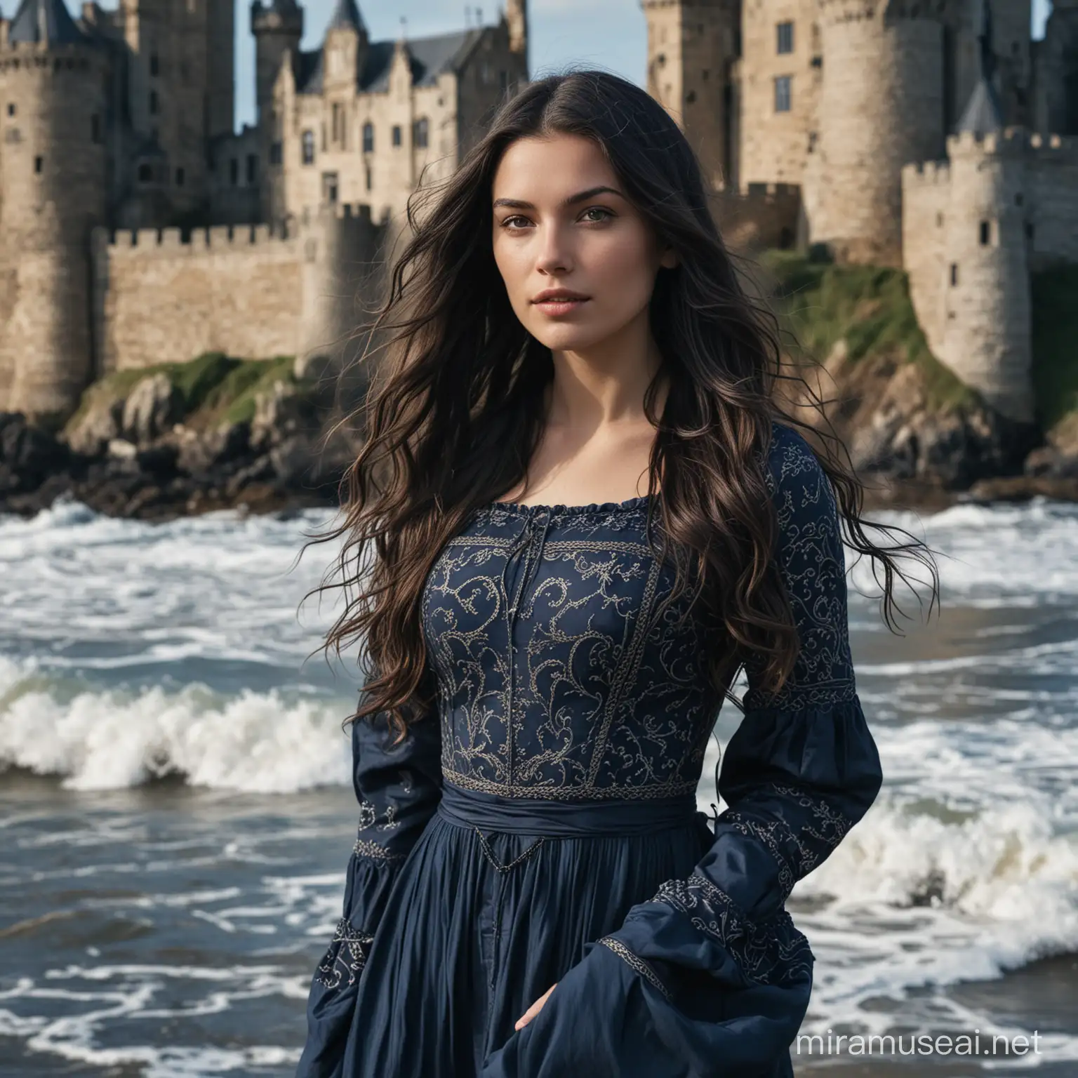 close up of young woman with long, dark hair down in waves, wearing a dark blue long sleeved dress with a medieval castle background
