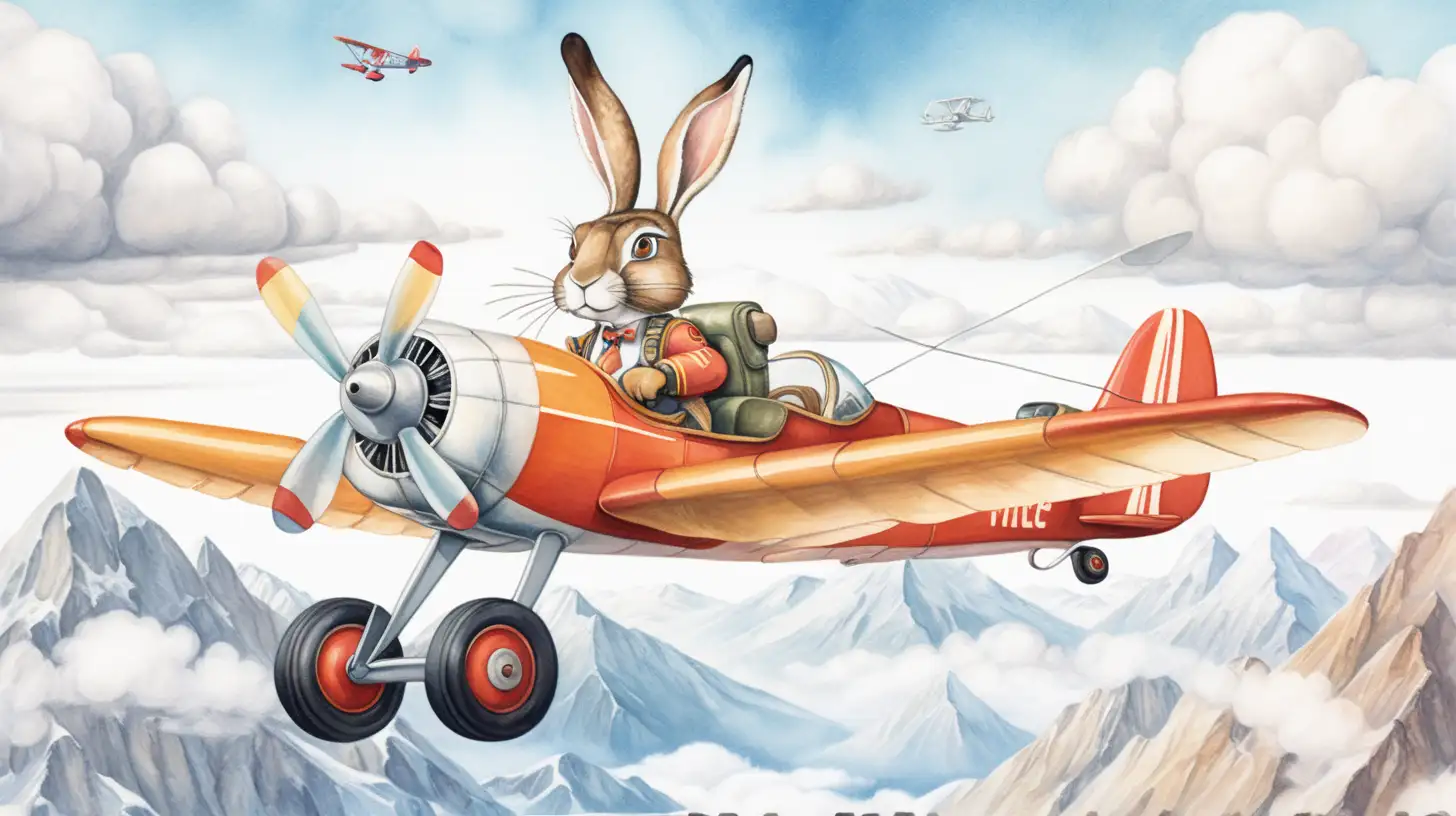 Adventurous Bunny Pilot Soaring Over Mountainous Skies in Watercolor Illustration