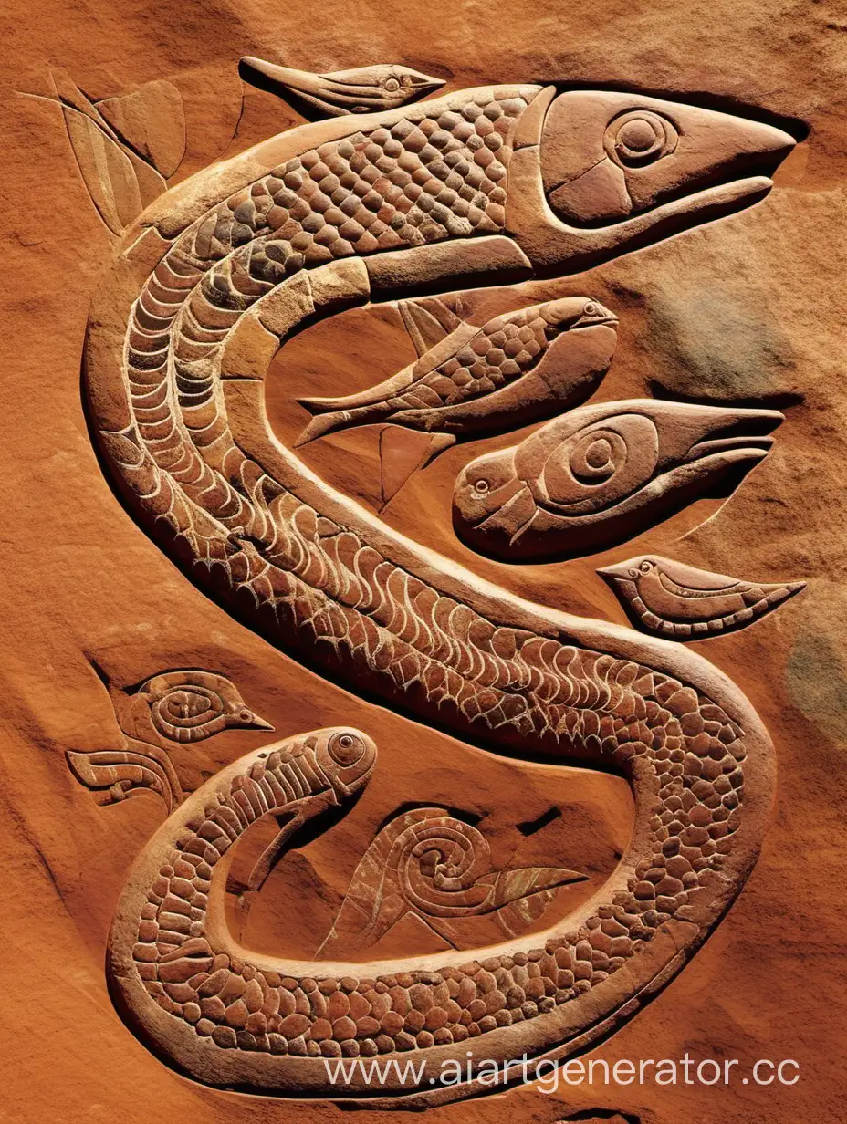 Ancient-Rock-Art-Depicting-Snake-Fish-and-Bird