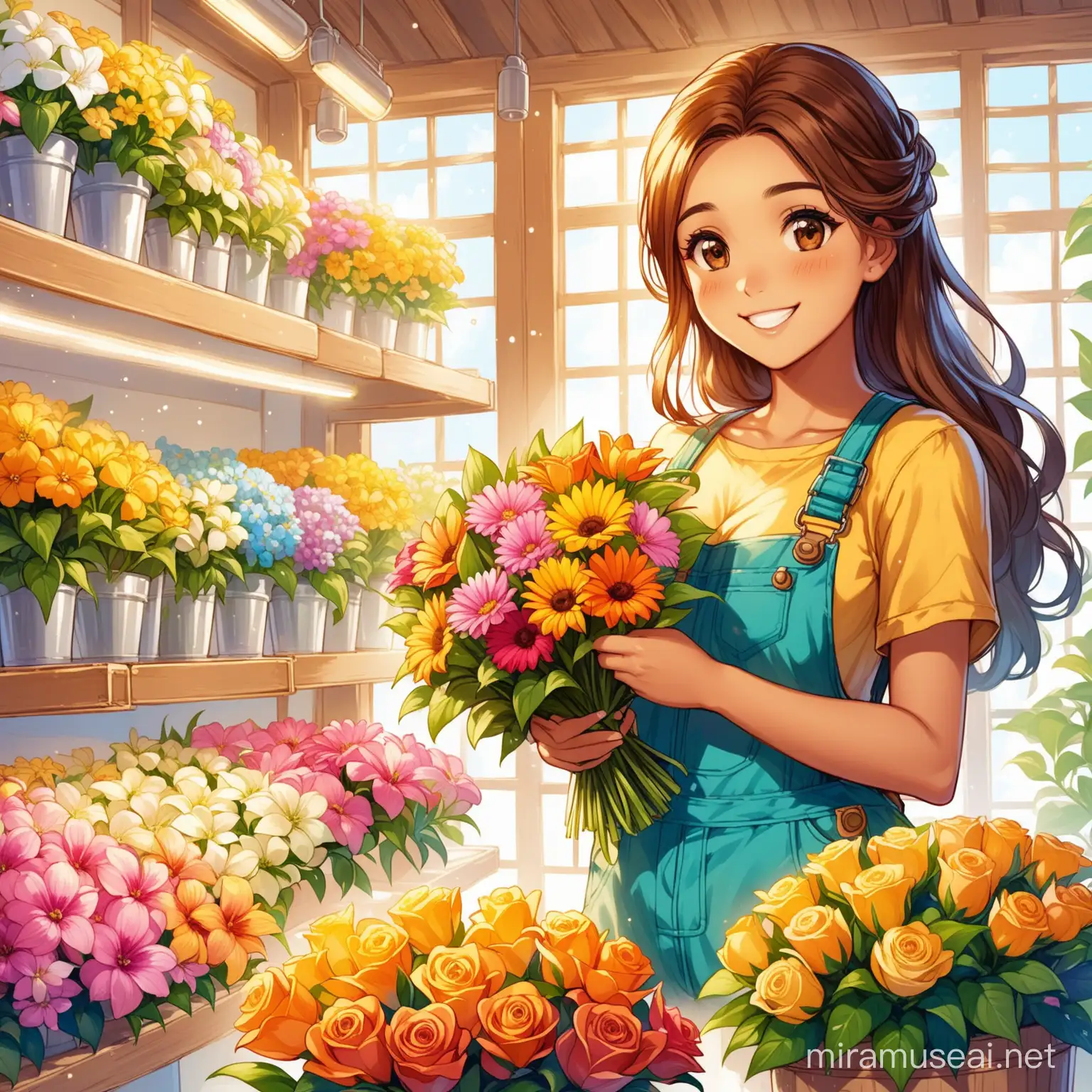 In the computerized flower shop, Isabela, young adult, fair skin, brown hair, brown eyes, was dressed in her overalls, happy, creating beautiful bouquets of flowers, happy customers, an illustration from a storybook