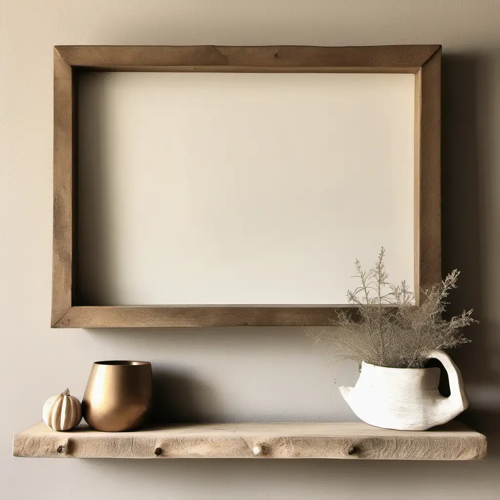 rustic shelf with a simple blank wall art frame for mockup, neutral tones, faded, cottagecore, beautiful, do not block frame, earthy organic shapes, storybook-like, horizontal frame, do not block frame